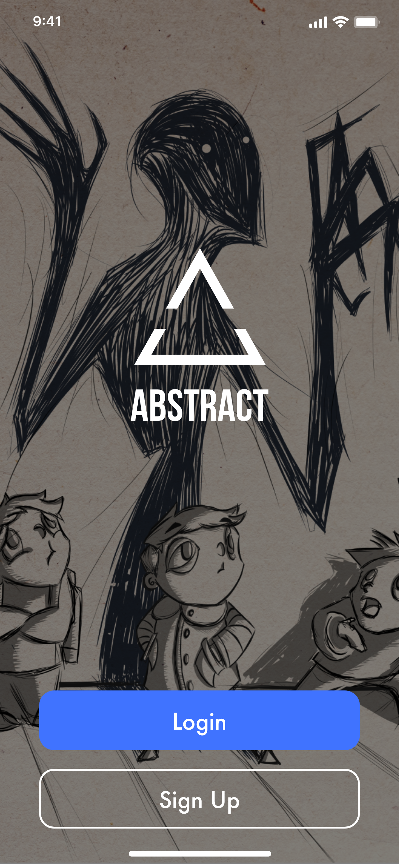 Sketch of three children looking up with a large abstract humanoid figure behind them, overlaid with a logo and the word 'ABSTRACT' on a mobile app login screen.
