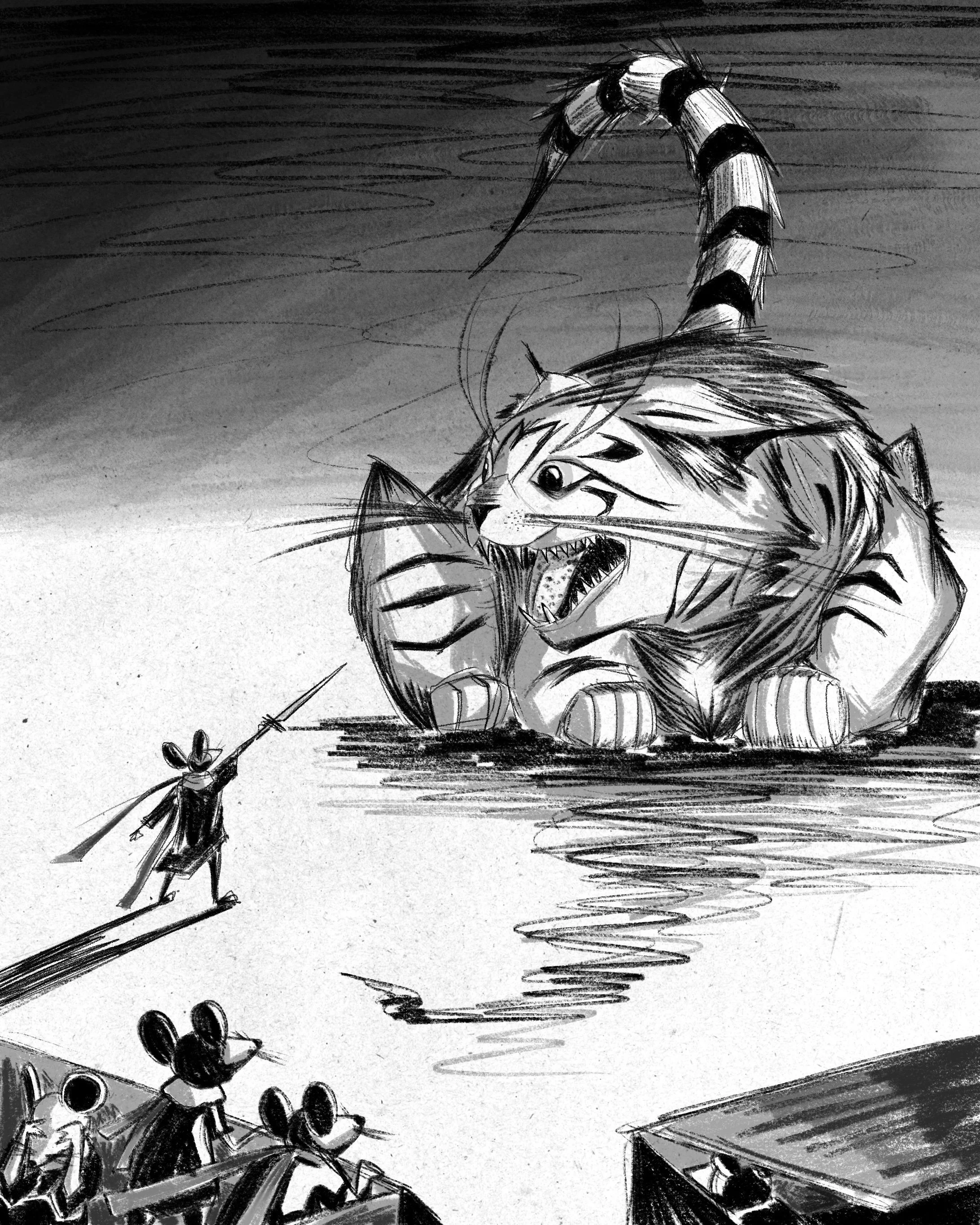 Sketch of a tiger in mid-air attacking a mouse on a fishing line, with spectators watching from above in a stadium setting.