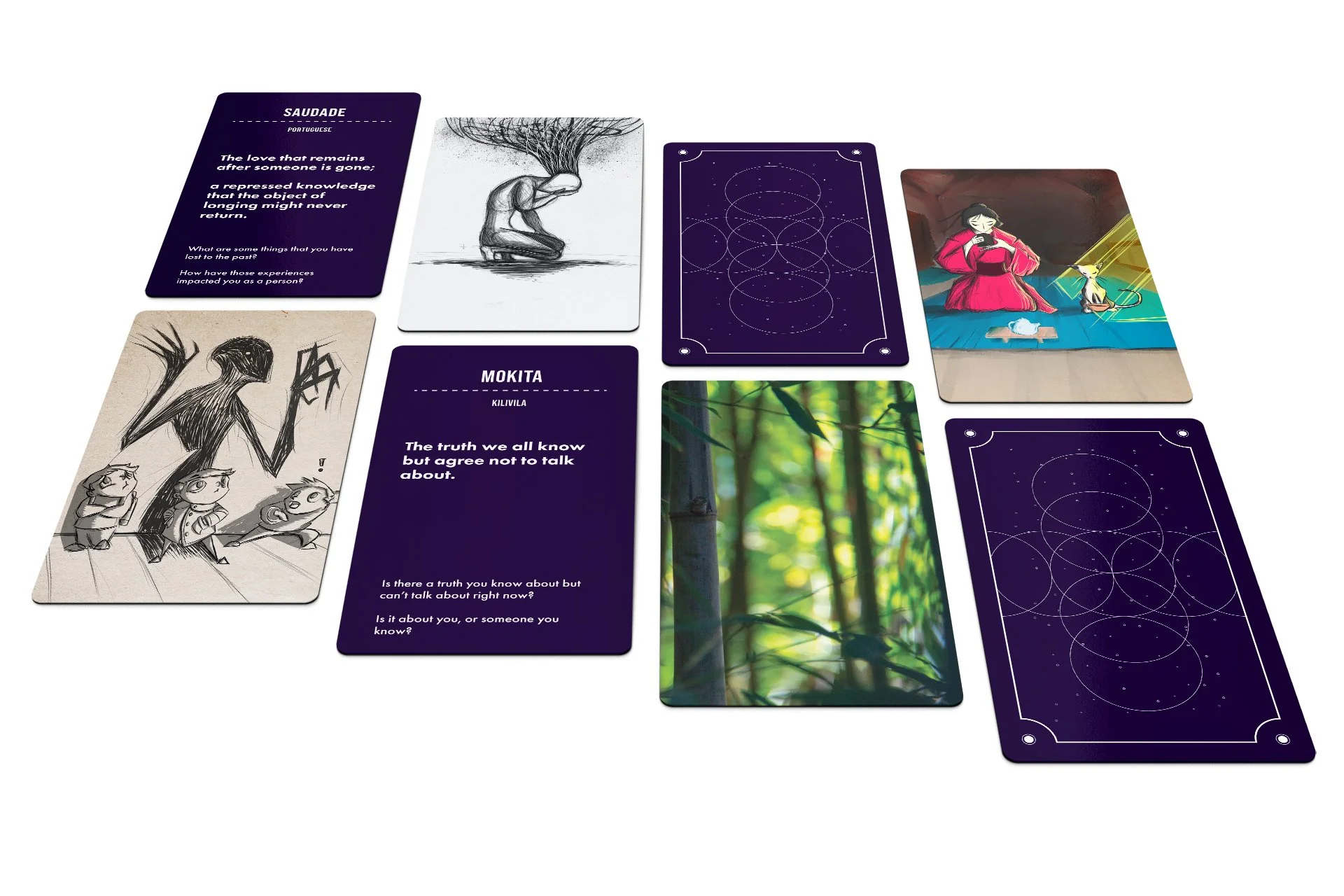 Collection of tarot and illustrated cards with text, imagery of a person with plants, a girl meditating, and a forest scene.
