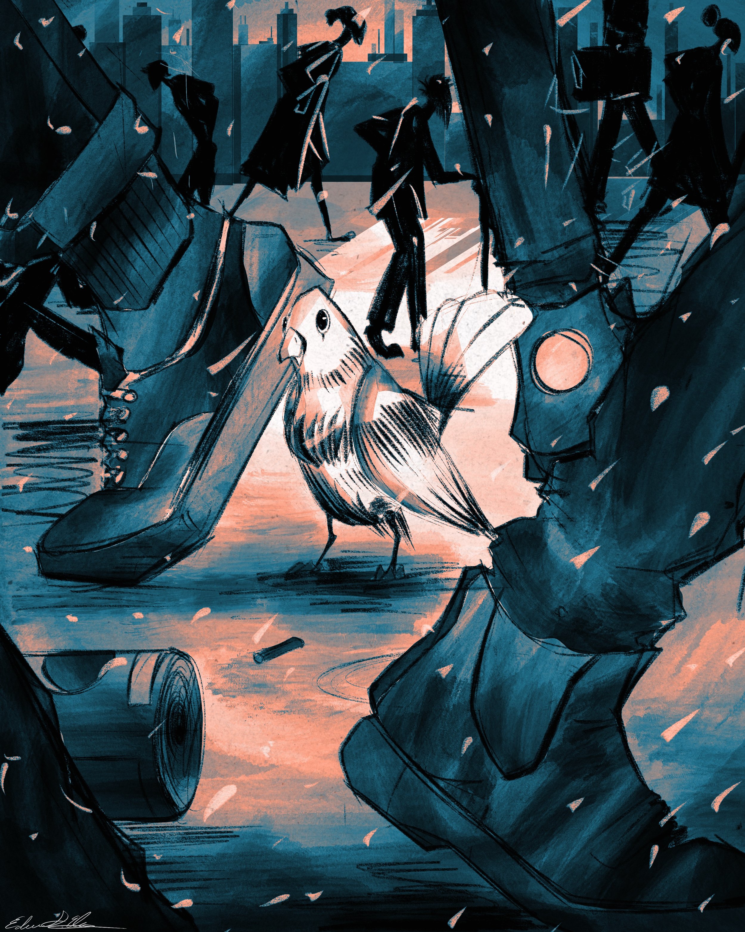 An artistic digital illustration of a man in a black coat and hat walking through a city street at sunset, with large vehicles and abstract buildings in the background, and a bird in the foreground.