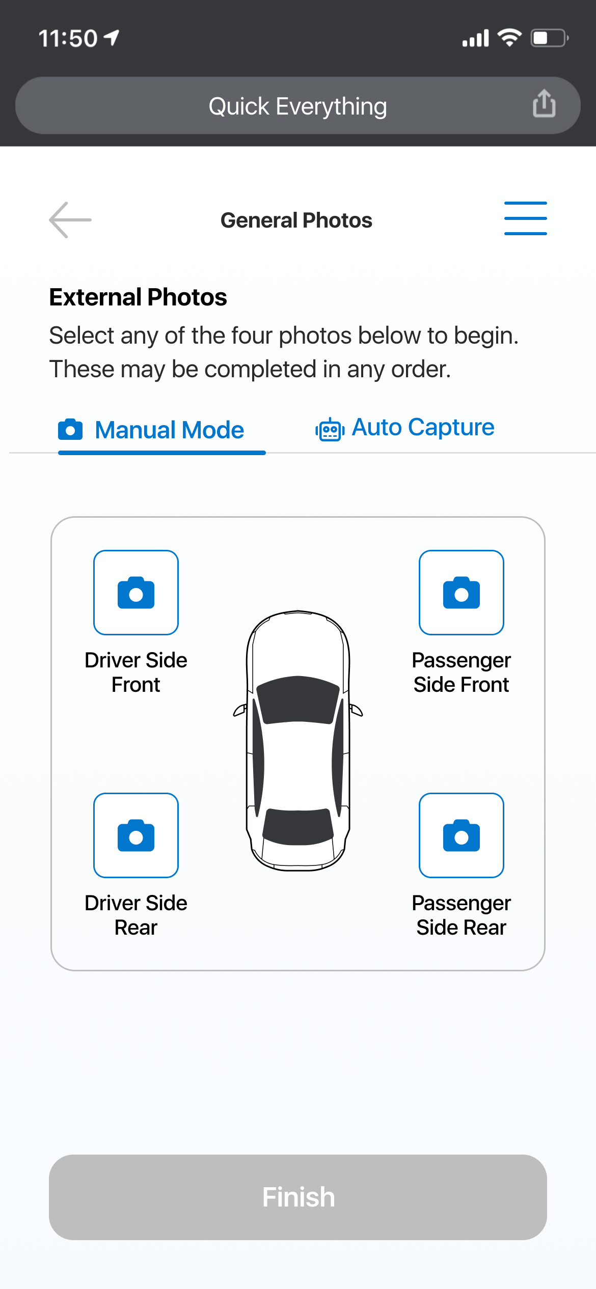 Mobile app screen showing a car's external photo setup with four camera options: driver side front, passenger side front, driver side rear, and passenger side rear, with a top-down view of a car in the center.