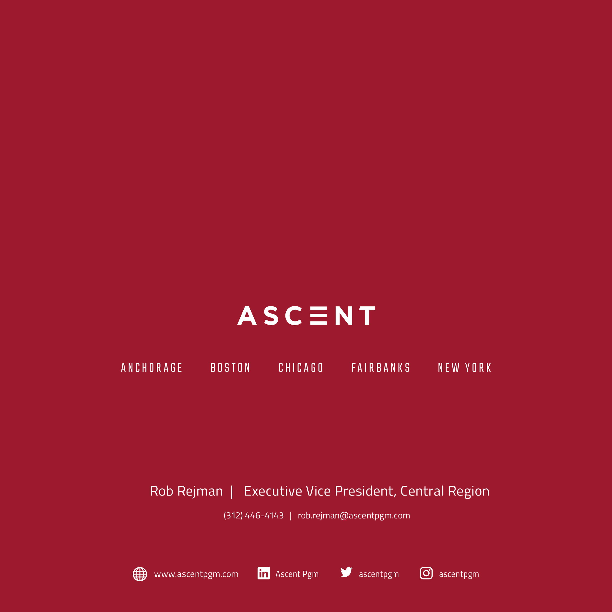Business card for Rob Rejman, Executive Vice President, Central Region at Ascent Pgm, with contact information, website, and social media icons on a red background.