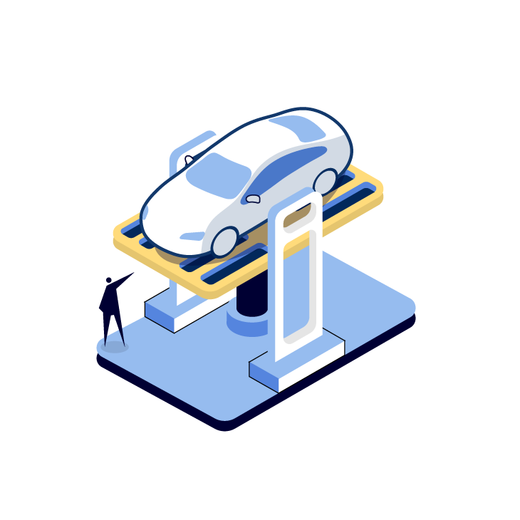 Illustration of a person pointing at a car on a giant charging station.