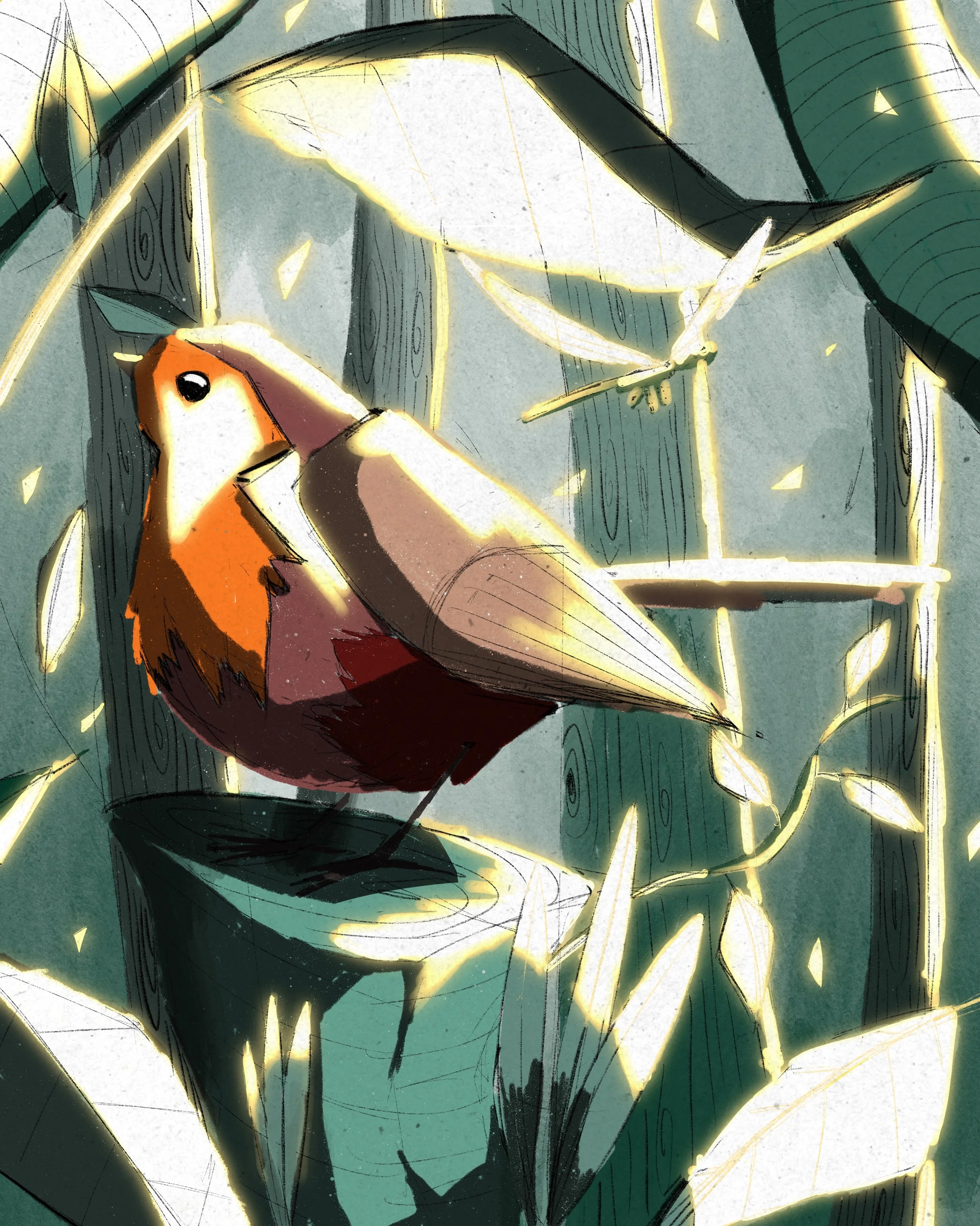 Abstract artwork featuring a bird with orange and white feathers, a dragonfly, and glowing yellow lines on a background of green and dark shades, with sketchy black outlines.