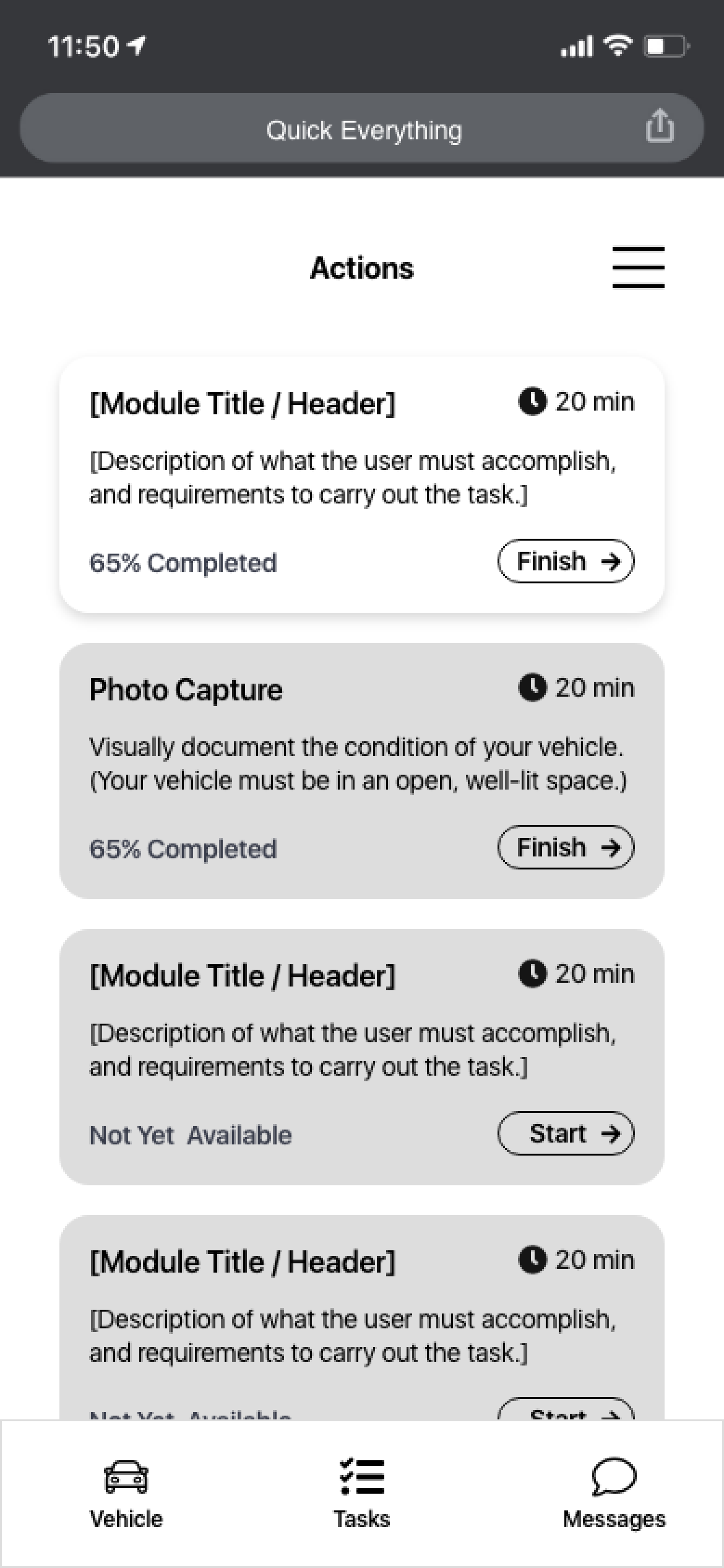Mobile app screen showing tasks for vehicle documentation, including module titles, description, and progress indicators, with options to start or finish tasks.
