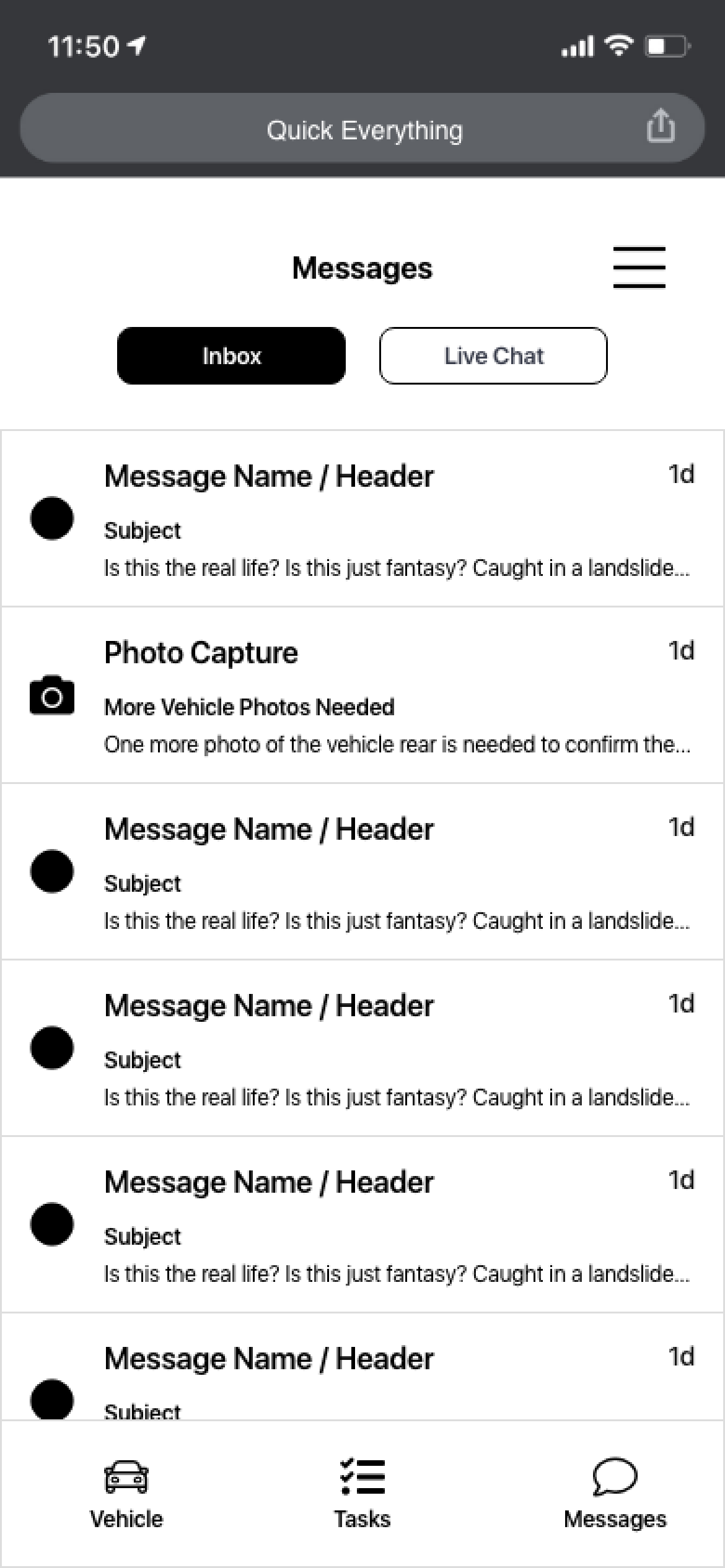 Mobile phone screen displaying a messaging app with tabs for Inbox and Live Chat, showing multiple message previews, and navigation icons for Vehicle, Tasks, and Messages at the bottom.
