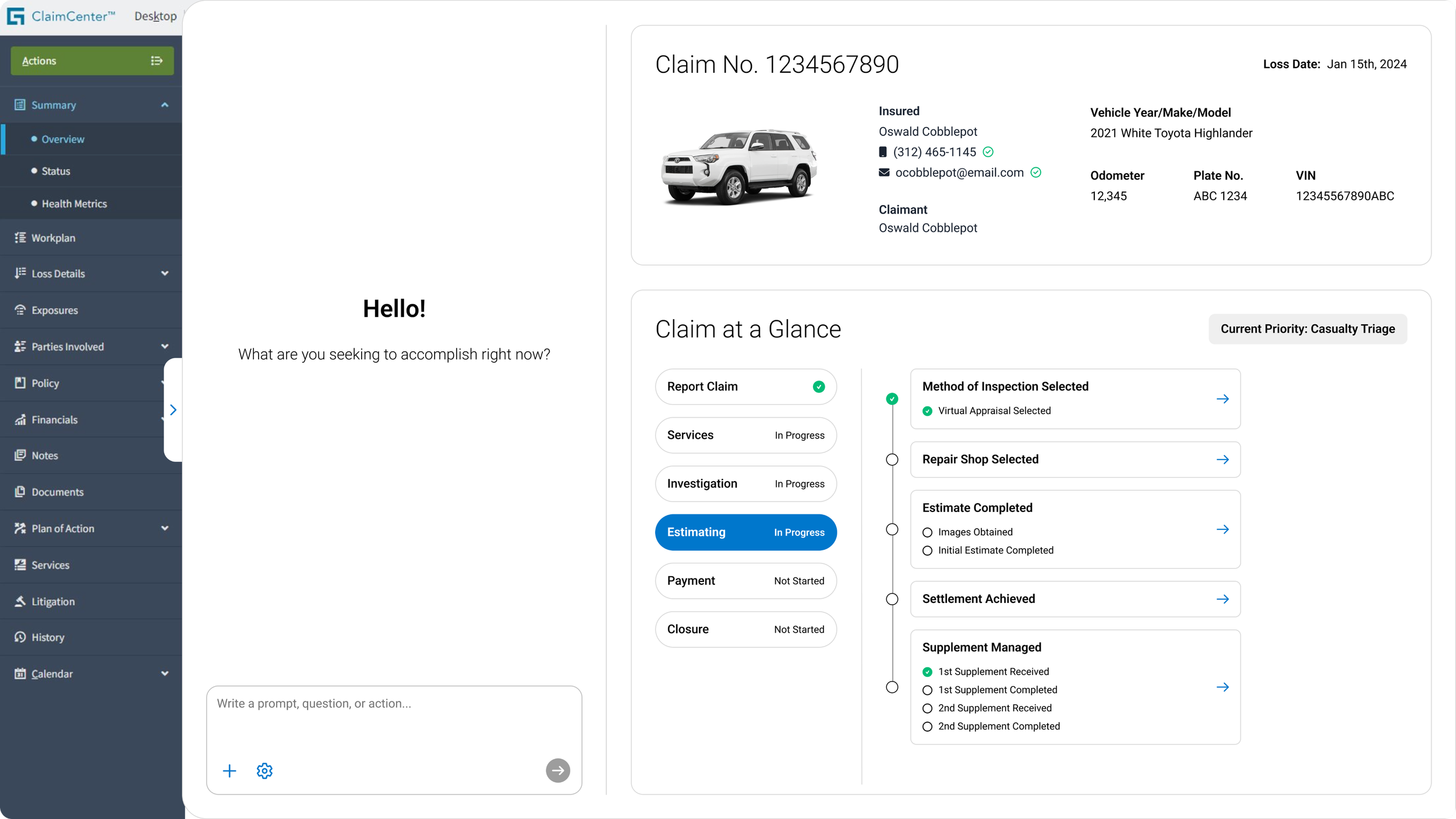 A screenshot of an insurance claim management software showing a claim for a 2021 white Toyota Highlander with an image of the vehicle. The web page displays claim details, actions, and a claim at a glance section with various stages of the claim process.