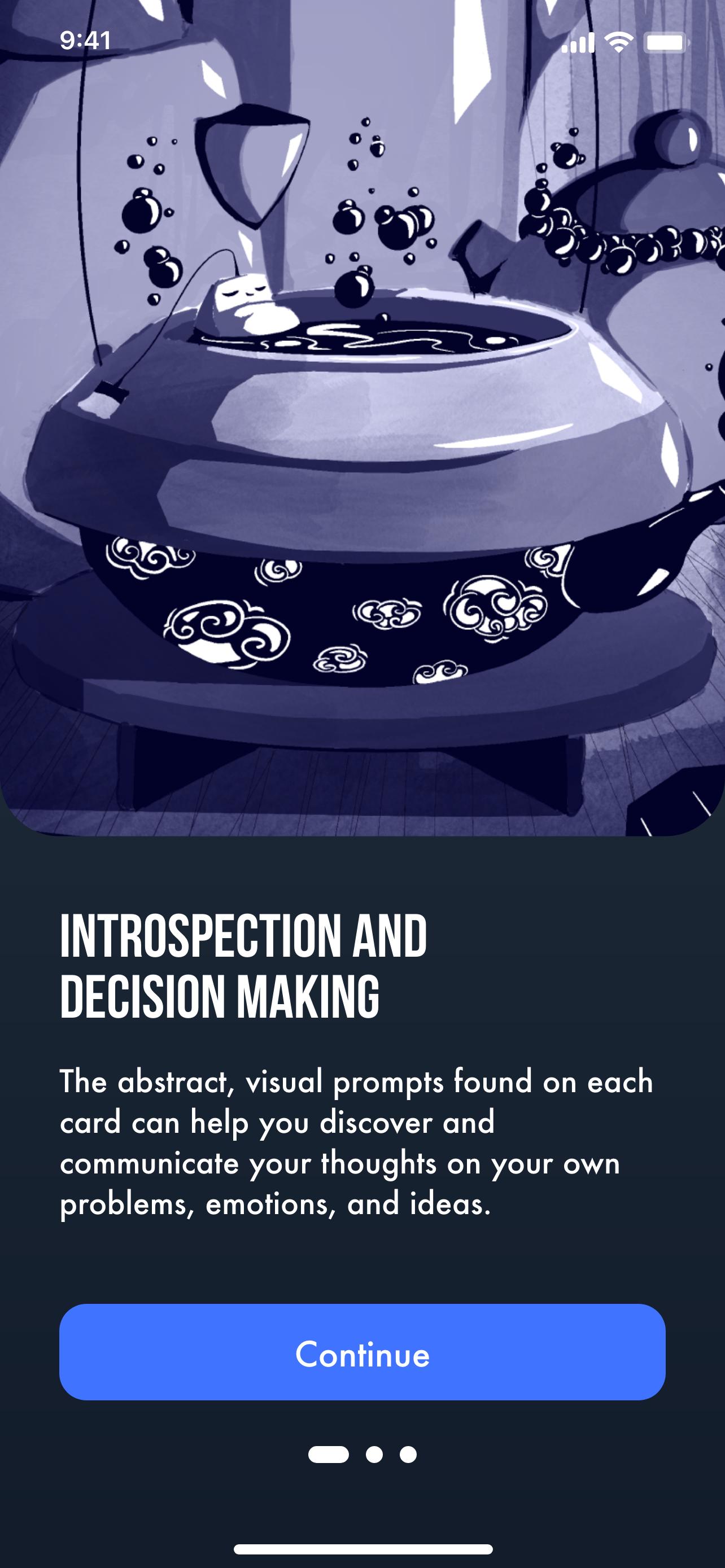 Digital illustration of a traditional Asian tea or hot water basin with floating bubbles, decorative patterns at the bottom, and a teapot or kettle in the background, accompanied by text about introspection and decision making.