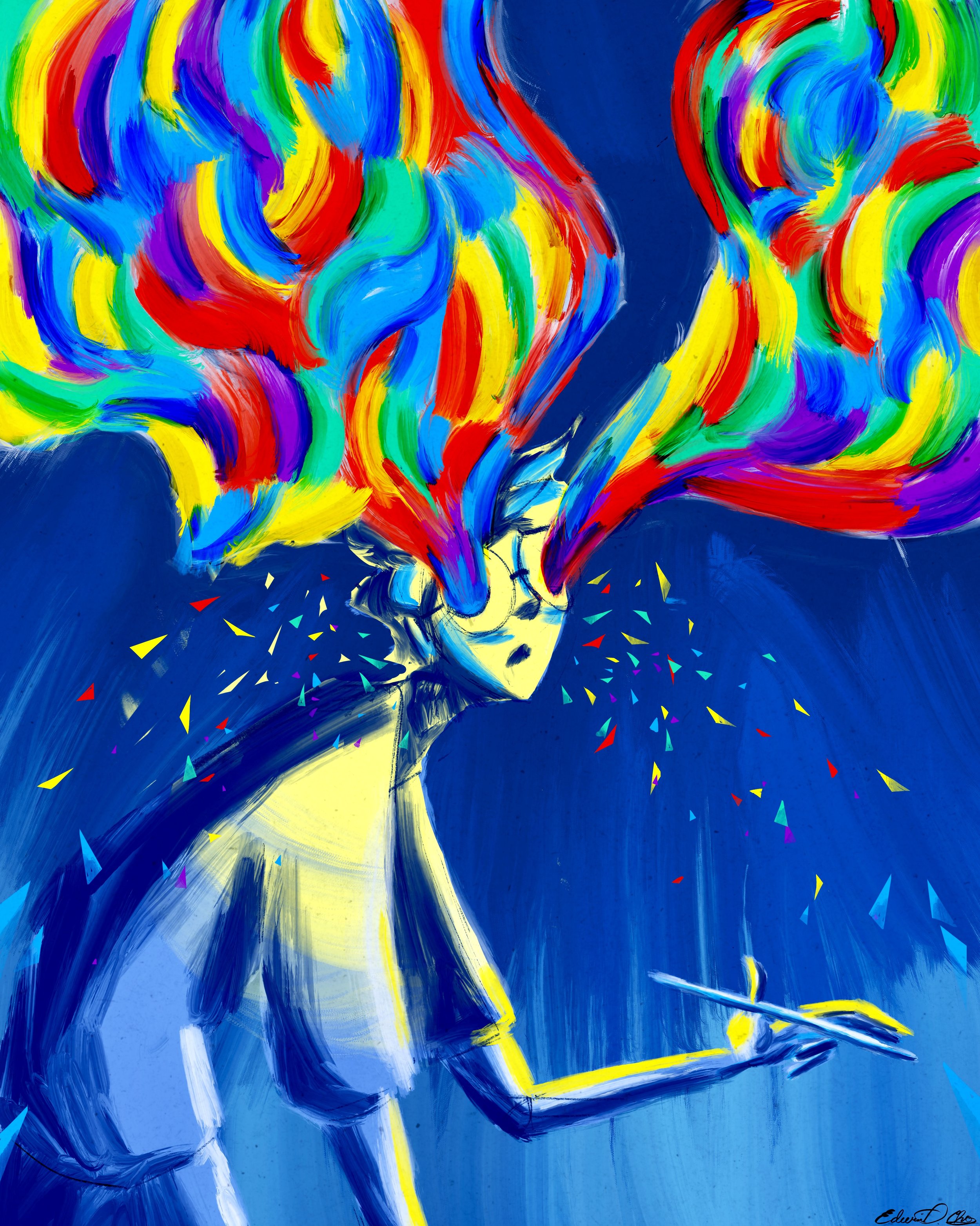 Abstract colorful painting with swirling lines and shapes in bright hues of blue, red, yellow, green, and purple on a dark blue background.