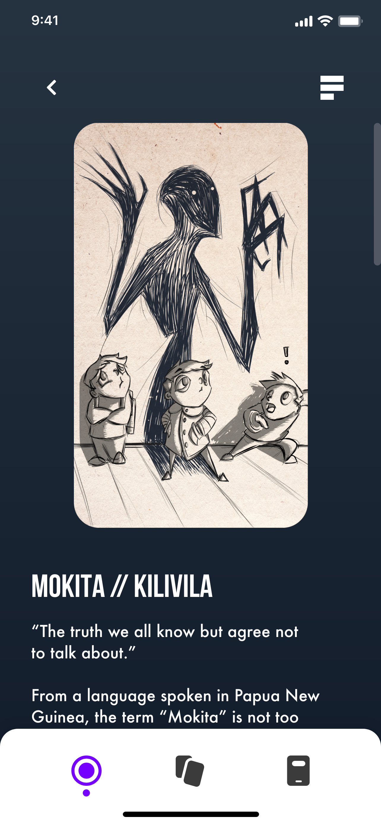 A black and white sketch of a tall, shadowy figure with a bird-like head, wings, and sharp features, towering over three children. The children look up, with one showing surprise and another appearing curious or concerned.