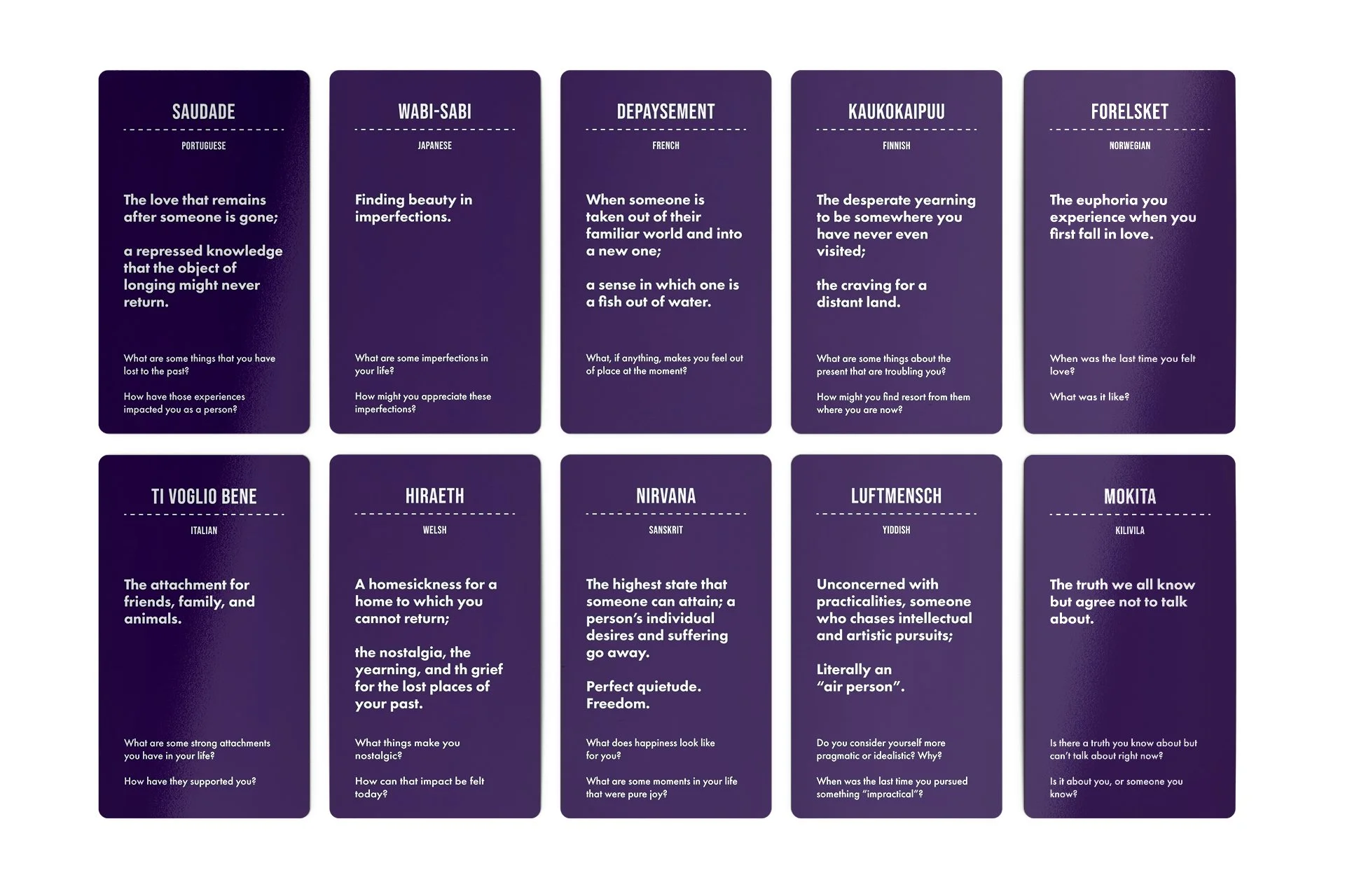 A collection of tarot cards with poems and questions about love, beauty, memories, and personal reflections, each card in a purple gradient background.