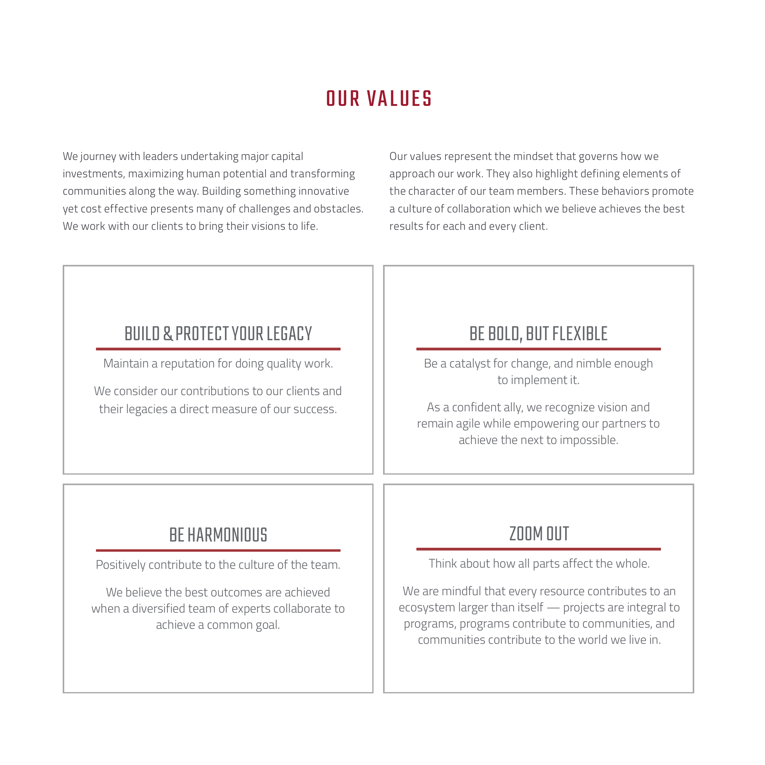 A webpage displaying a section titled 'Our Values' with textual descriptions of organizational values such as building legacy, being bold, harmonious work culture, and zooming out to view the entire page.