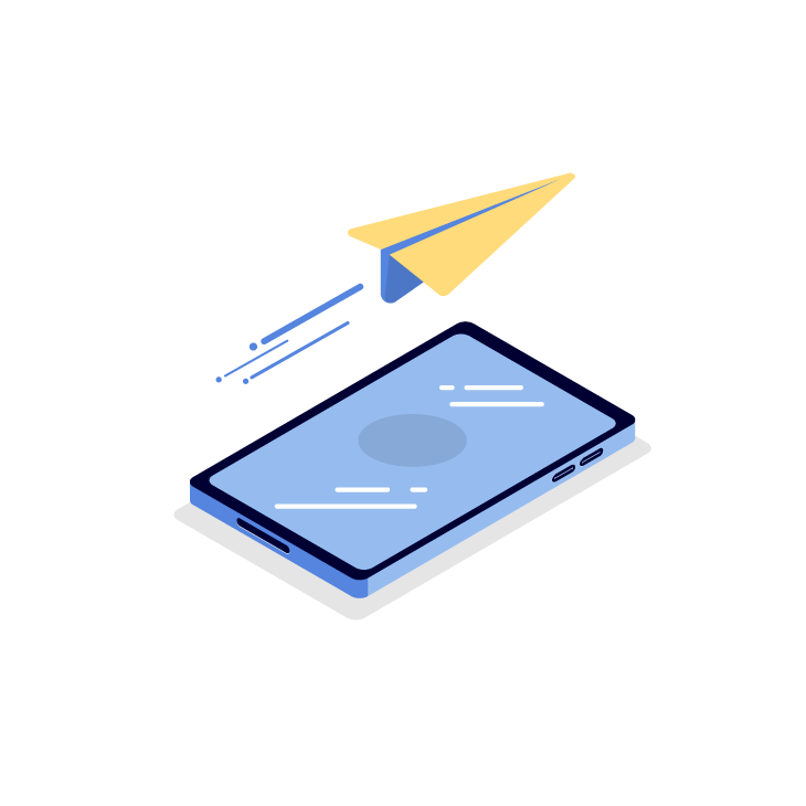 A yellow paper airplane flying over a blue smartphone with white lines indicating motion.