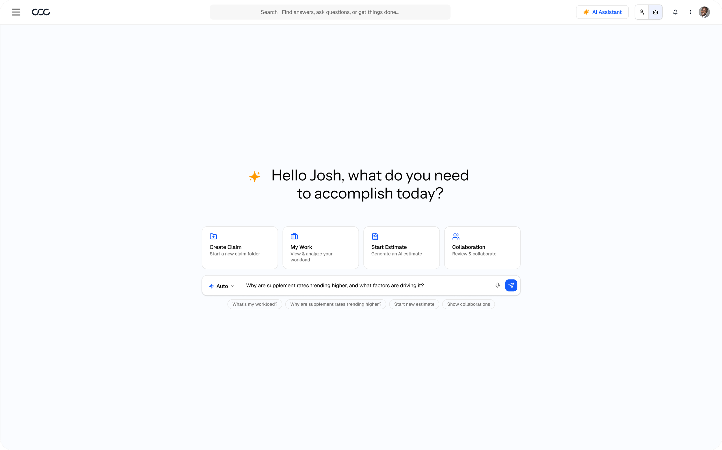 Screenshot of a task management or work productivity app called OCC with a greeting message for 'Josh' and options like Create Claim, My Work, Start Estimate, and Collaboration. The interface features a search bar at the top, profile and notification icons, and a blue paper plane icon at the bottom right.