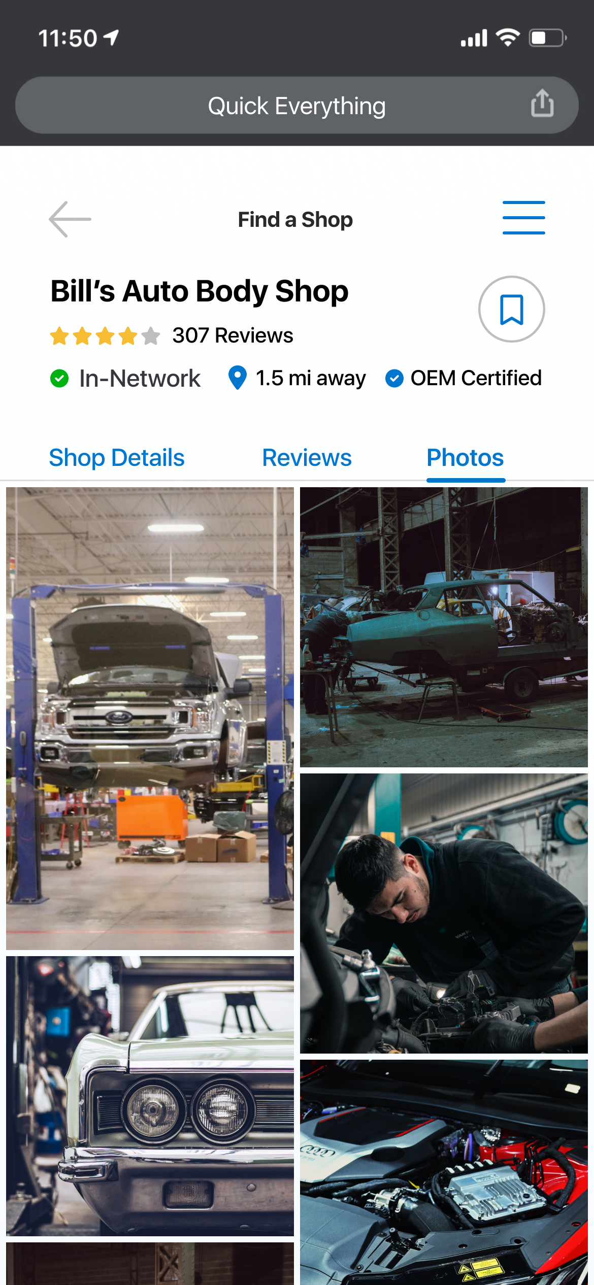 Photos showing a car repair shop, cars being repaired and a mechanic working on an engine.