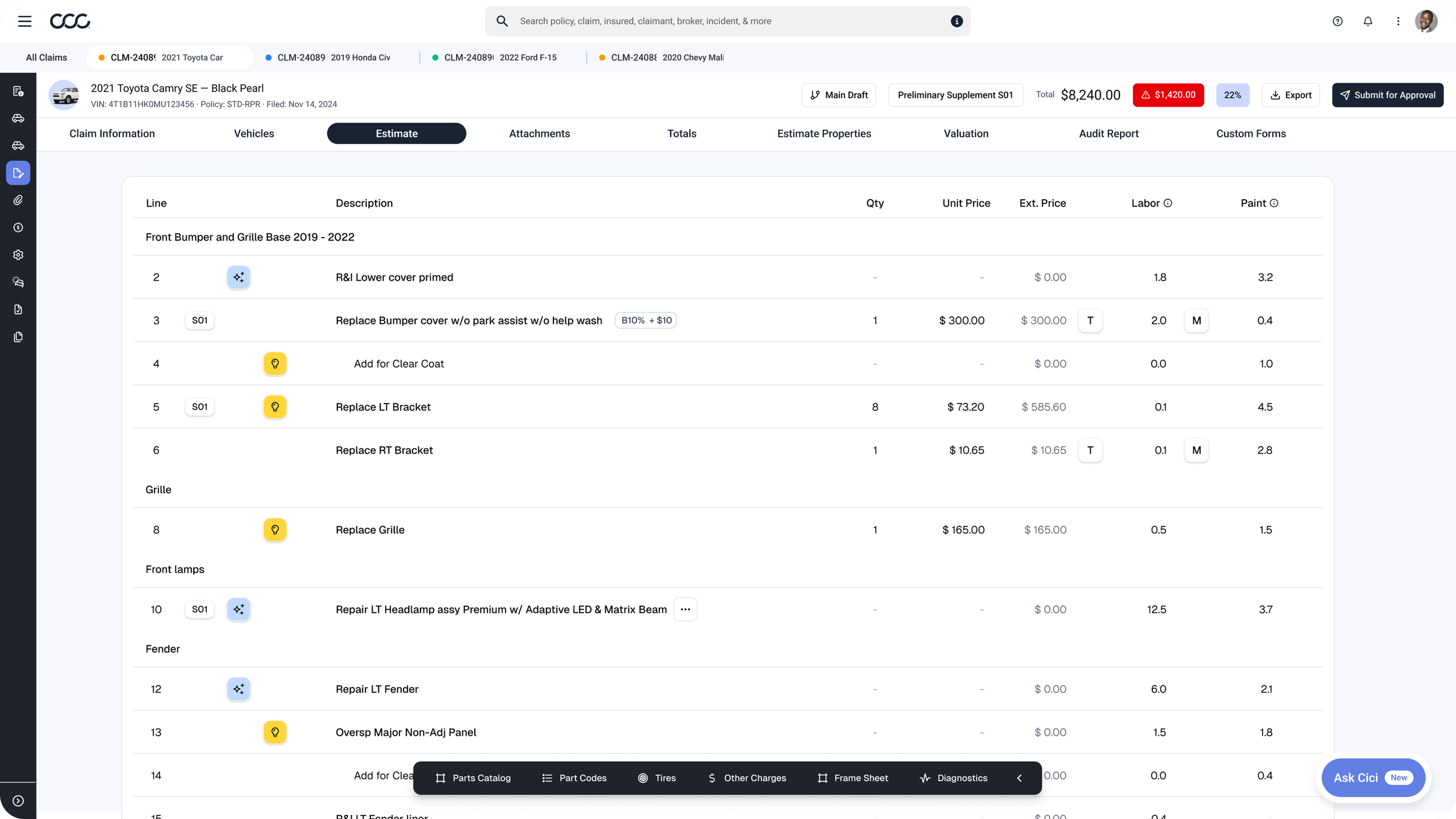 A digital claim form for a 2021 Toyota Camry SE in Black Pearl with detailed line items for car part replacements, repairs, and costs.