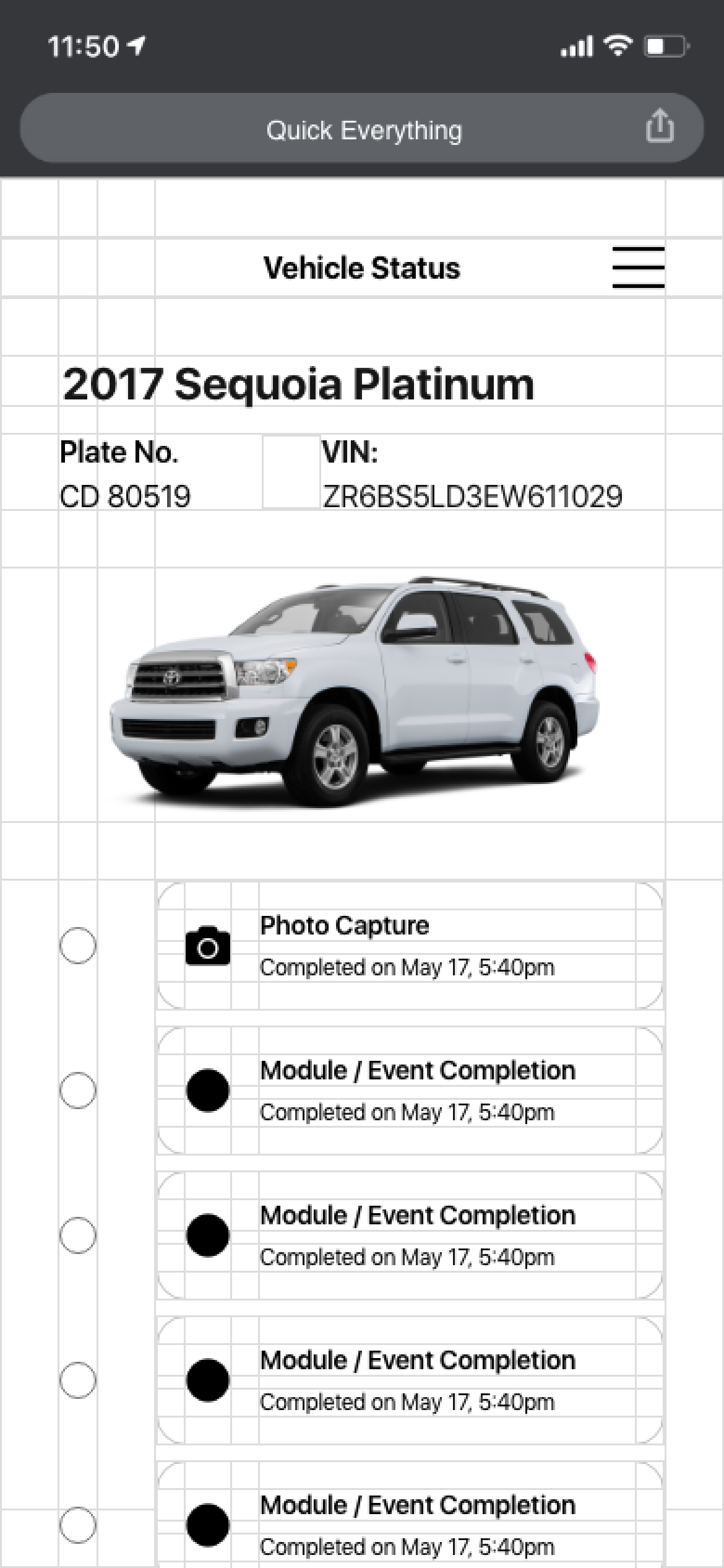 Screenshot of a vehicle management app displaying details for a 2017 Sequoia Platinum, including the license plate number, VIN, a photo of the vehicle, and timestamps for photo and event completions.