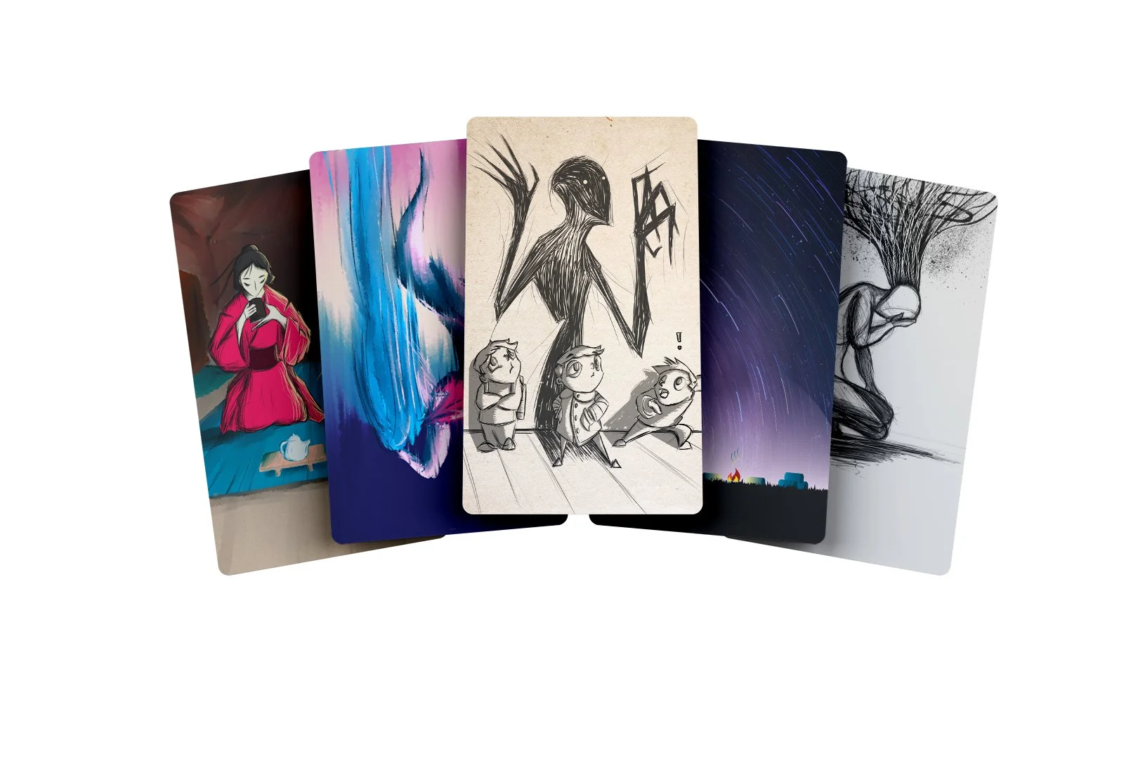 A collection of six different illustrated cards featuring various artwork styles, including a woman in traditional attire, abstract blue and pink brushstrokes, a black and white sketch of a figure with long hair, a night sky with star trails, a black and white sketch of a person with tree roots or hair, and a cartoonish scene with characters and an exclamation point.