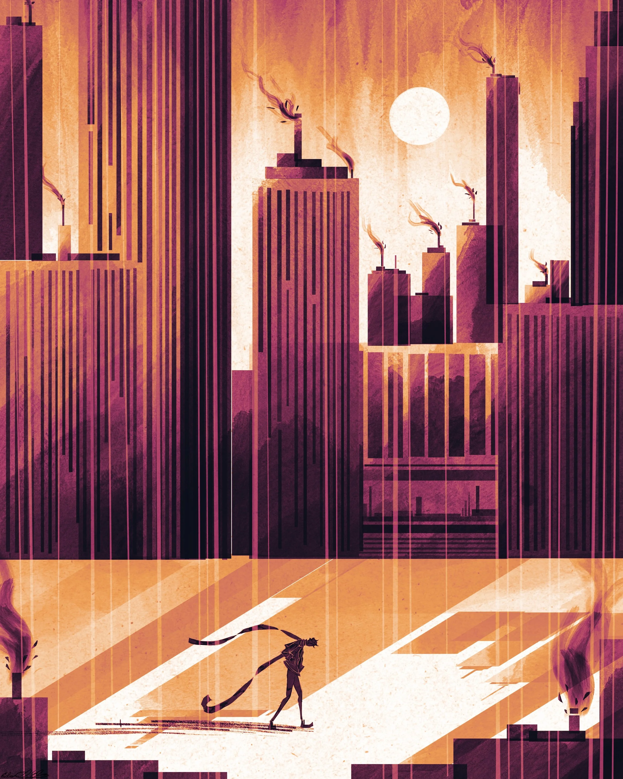 A futuristic cityscape with tall, geometric buildings and a large white sun or moon in the sky. In the foreground, a person walking with a large tiger, both silhouettes are in dark tones. The scene has an orange, purple, and pink color palette with abstract and linear artistic elements.
