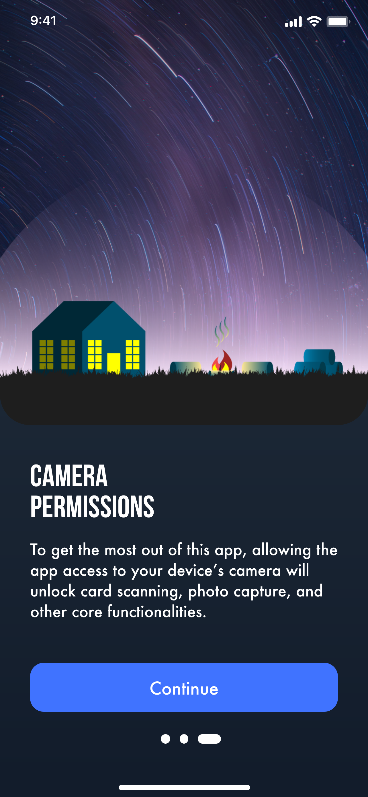 Mobile app screen showing a background of star trails and a silhouette of a house with lit windows, a campfire, and logs, with a section about camera permissions for app functionality.