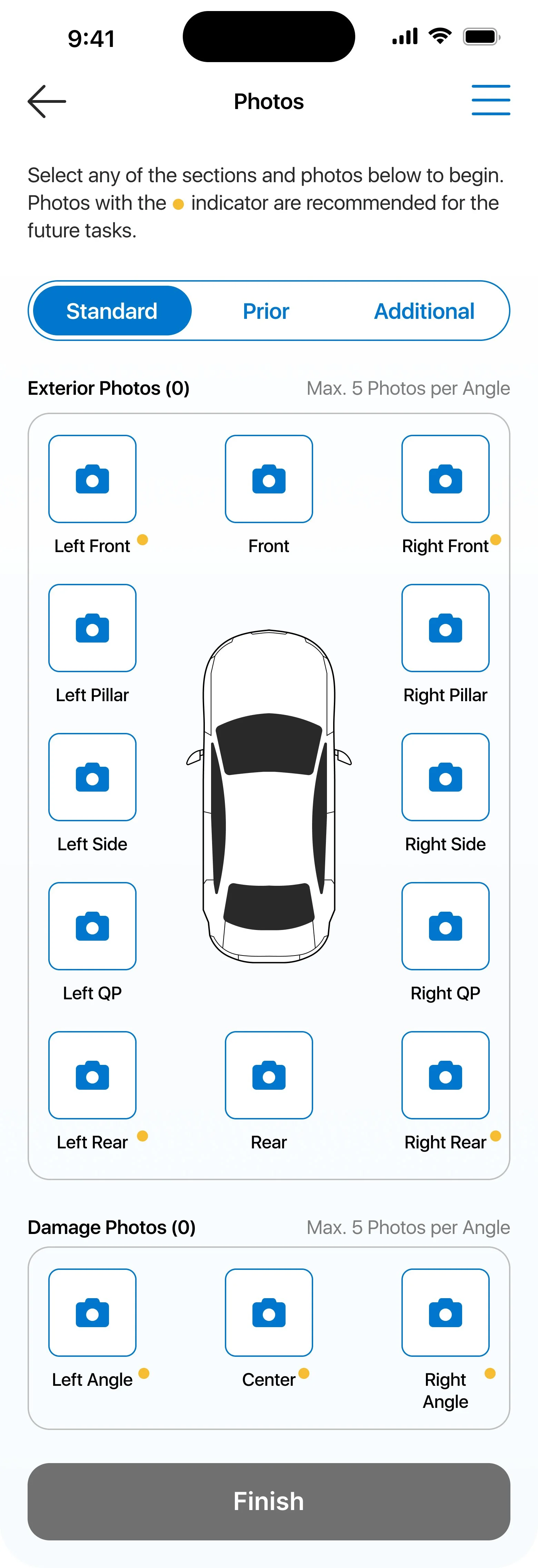 Screen capture of a mobile app interface for vehicle photo documentation, showing options for different exterior and damage photos of a car, with a top-down view diagram of a vehicle in the center.