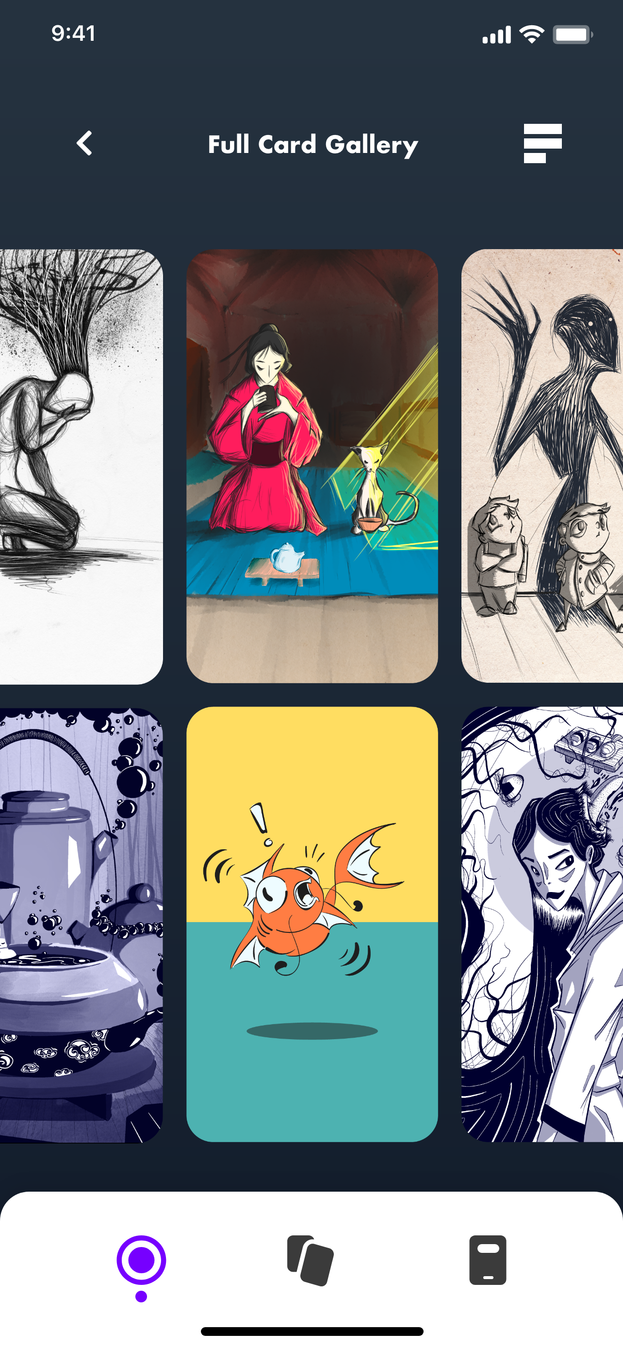 A mobile app screen showing a gallery of digital artwork. The central piece features a person in a pink kimono with dark hair, sitting on a blue mat, holding a cup, with a white cat nearby and yellow light beams. Other art pieces include a black and white sketch of a girl with exaggerated hair, children looking at a large creature, a cartoon fish with an exclamation mark, and a stylized character with a beard surrounded by abstract lines.
