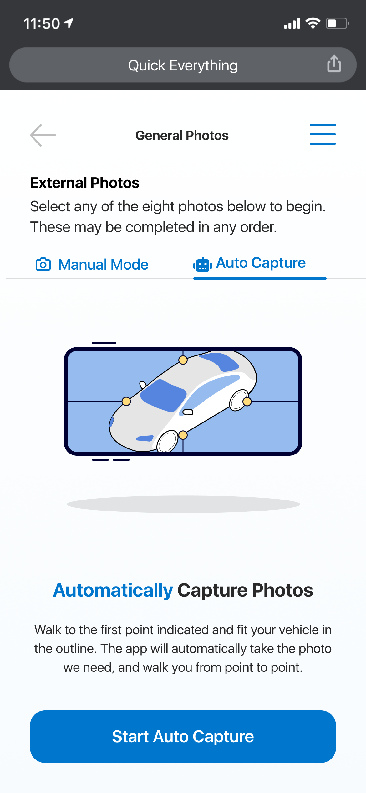 Smartphone screen showing a car auto capture feature with an illustration of a car inside a grid, with options for manual or auto photo capture.
