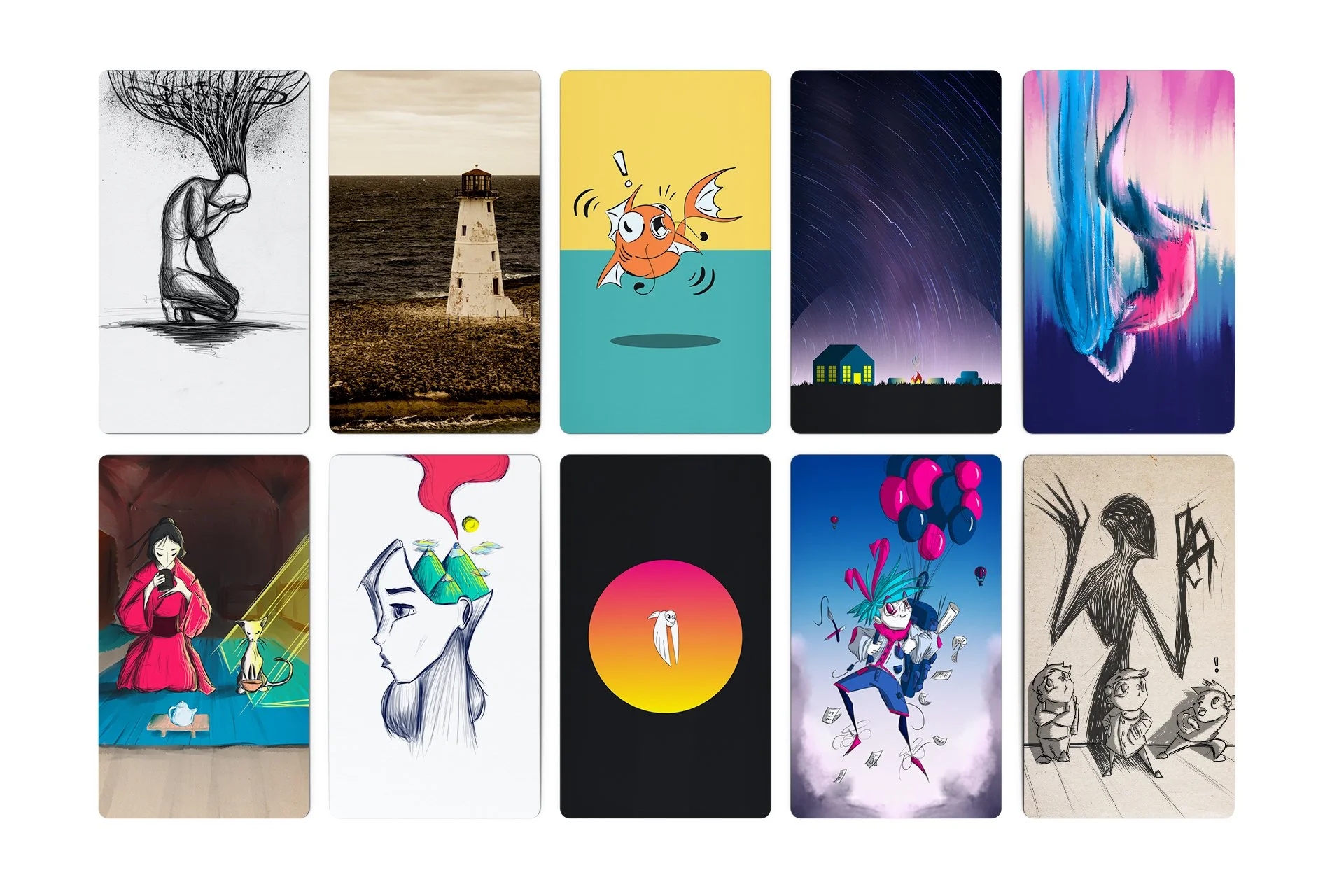A collection of various digital art pieces and illustrations.