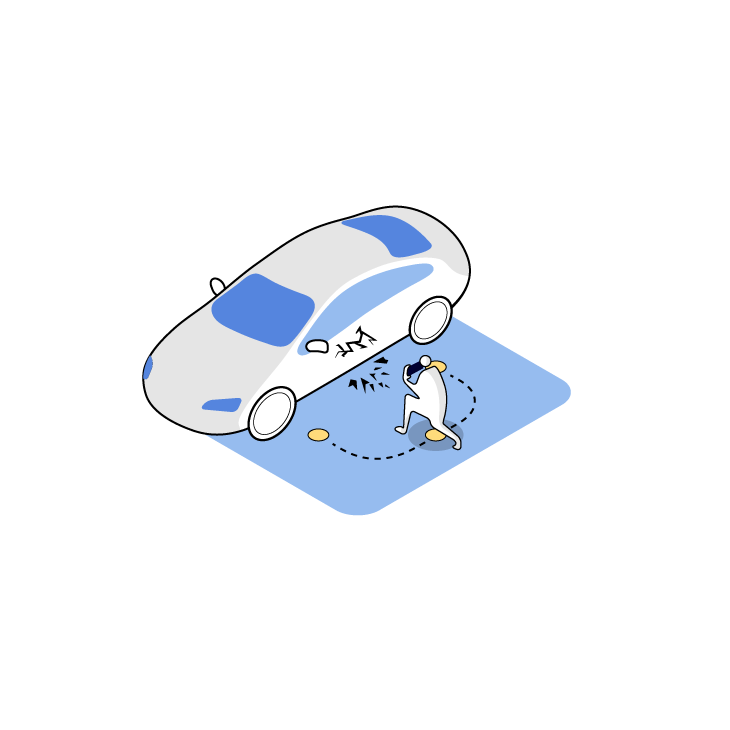 Illustration of a person getting hit by a car door that is opening. The person is falling backward with a surprised expression.