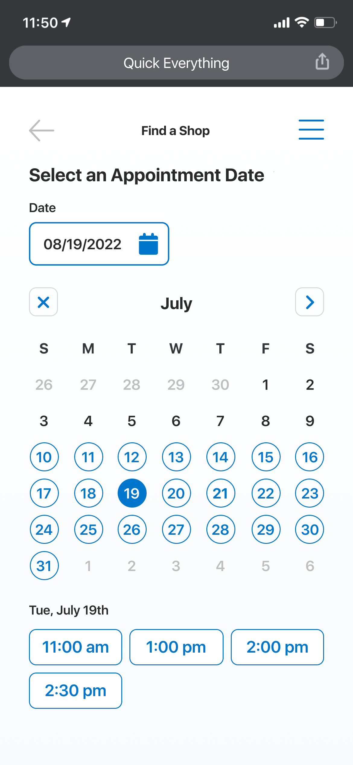 Mobile phone screen displaying a scheduling app with the date set to July 19, 2022, and available appointment times listed as 11:00 am, 1:00 pm, 2:00 pm, 2:30 pm for selecting a specific time.