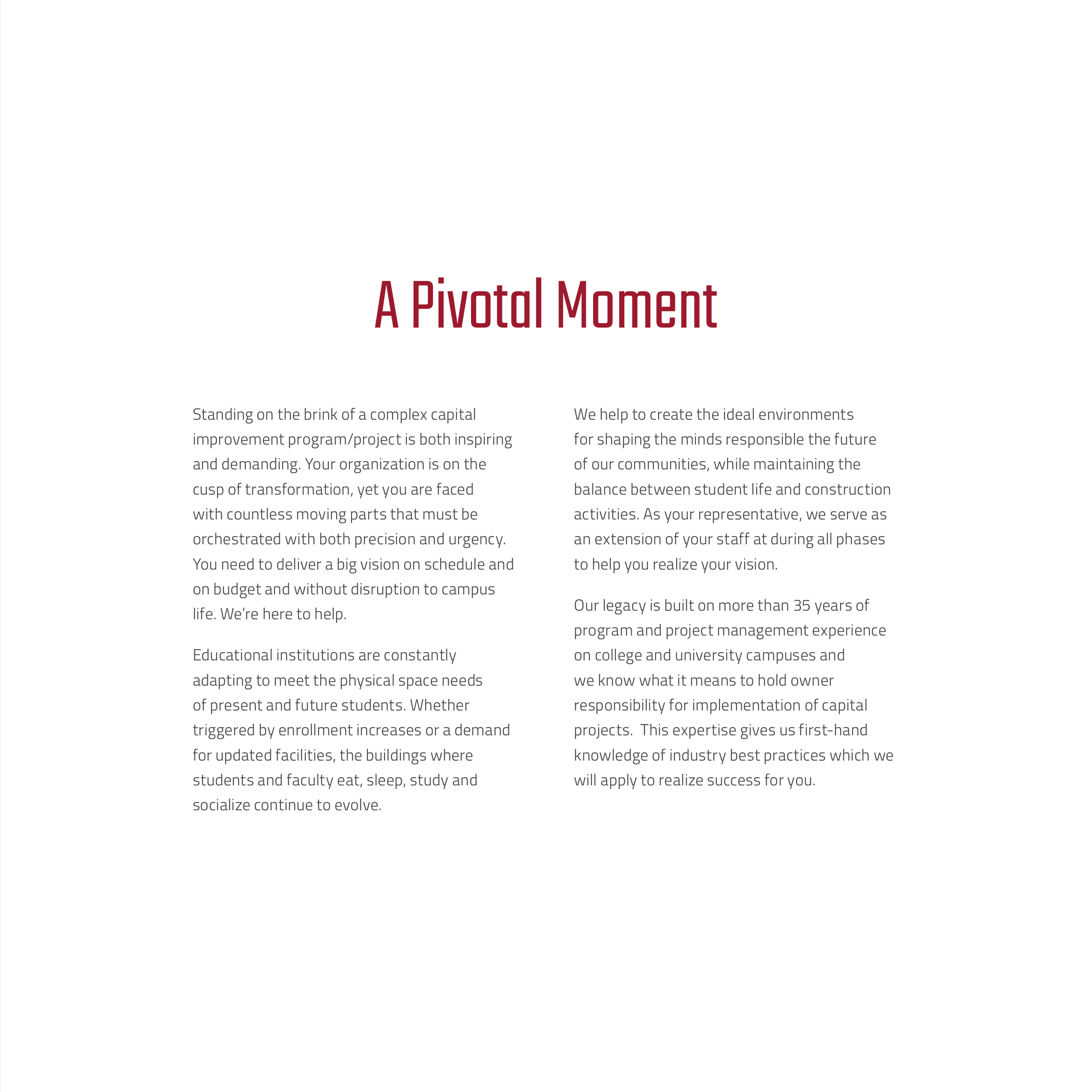 Text titled "A Pivotal Moment" with paragraphs discussing infrastructure improvement and project management.
