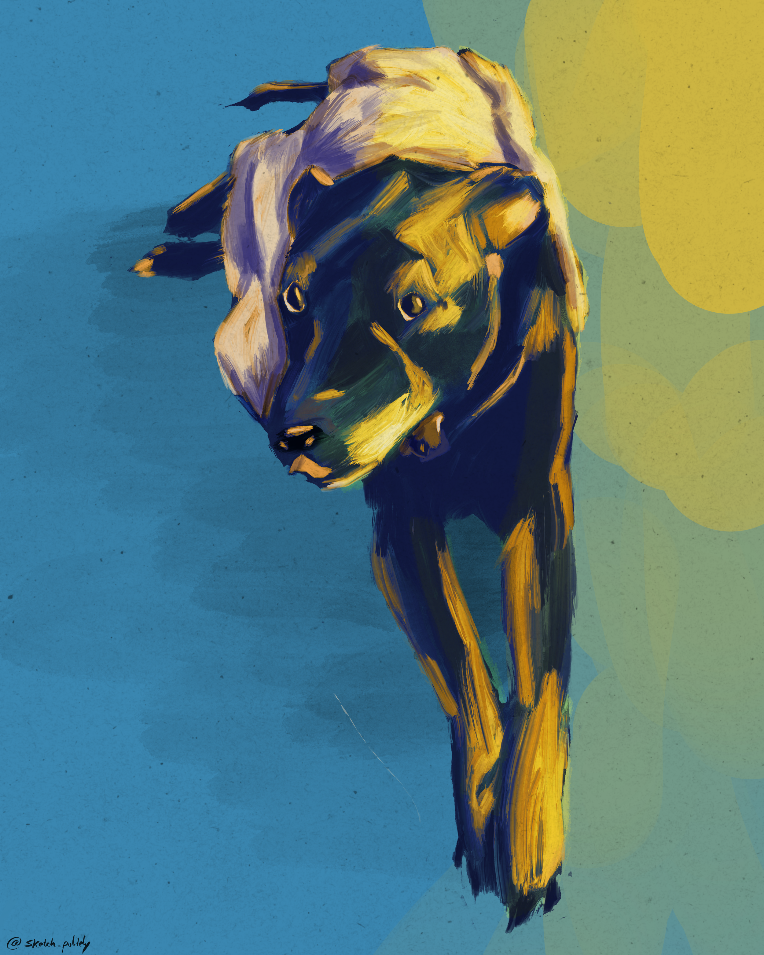 Digital painting of a dog with a blue and yellow color scheme, set against a background divided into blue and green sections with abstract shapes.