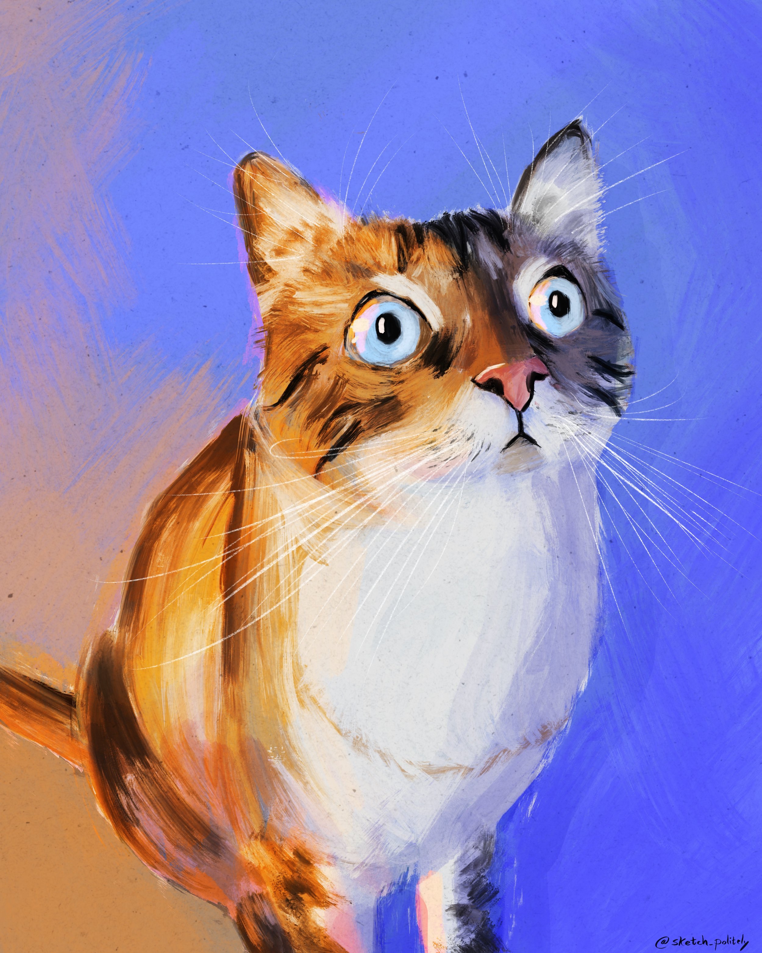 A digital painting of a cat with blue eyes, orange, black, and white fur, against a blue and purple background.