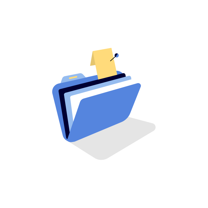 Illustration of a blue file folder with a thumbtack and a yellow note sticking out.