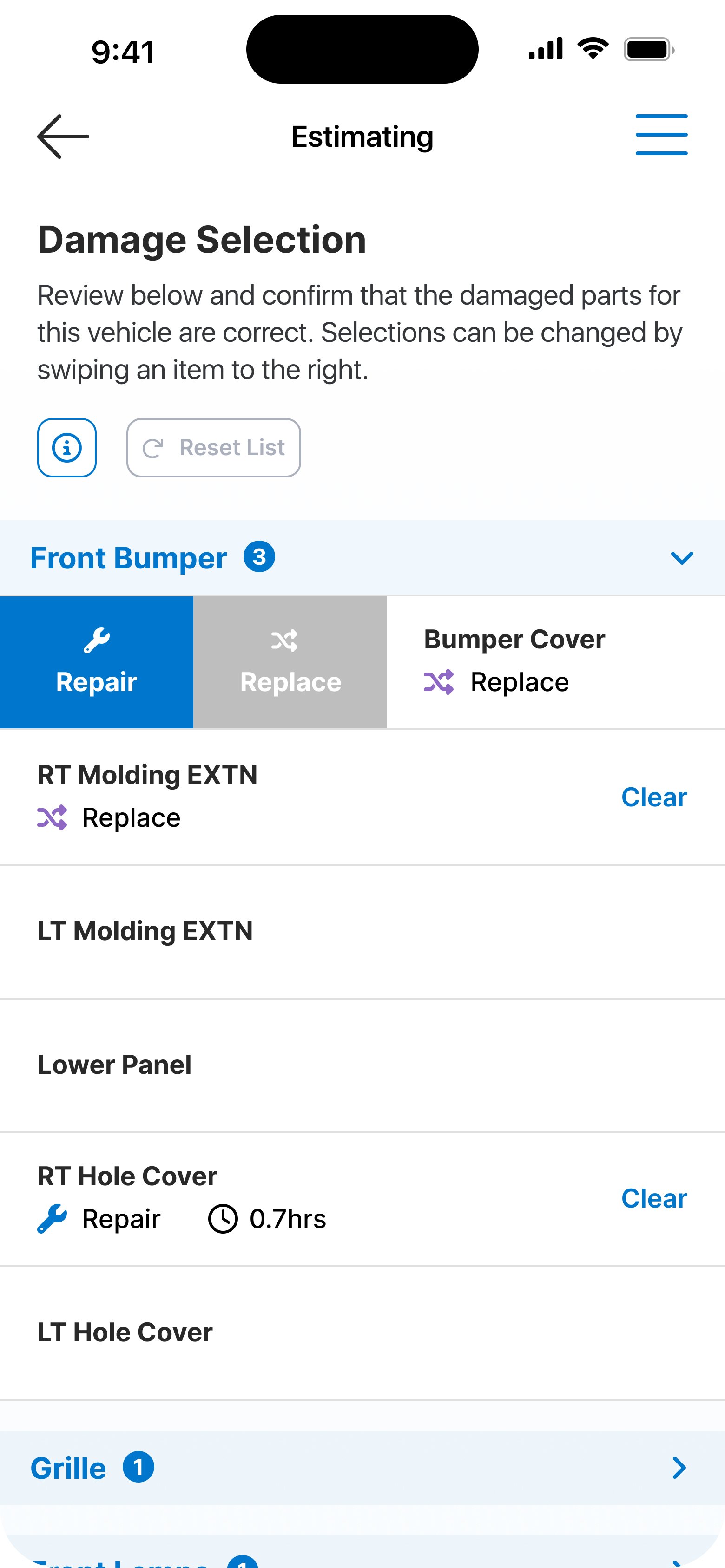 Mobile app screen showing vehicle damage estimation with repair options for front bumper, right and left molding, lower panel, and holes; repair and replace actions with estimated times.