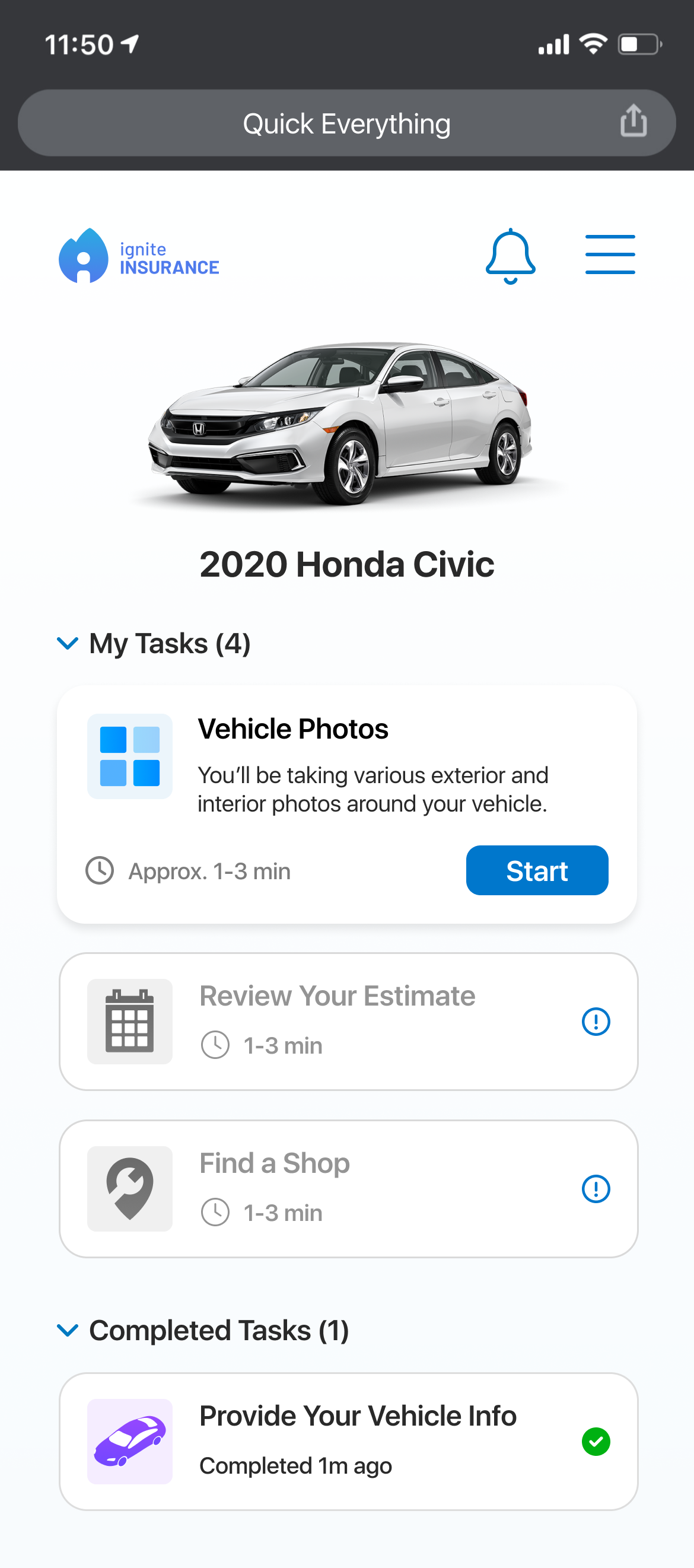 Mobile app screen showing options for managing a 2020 Honda Civic, including tasks such as taking vehicle photos, reviewing estimates, and finding a shop, with a photo of the car at the top.