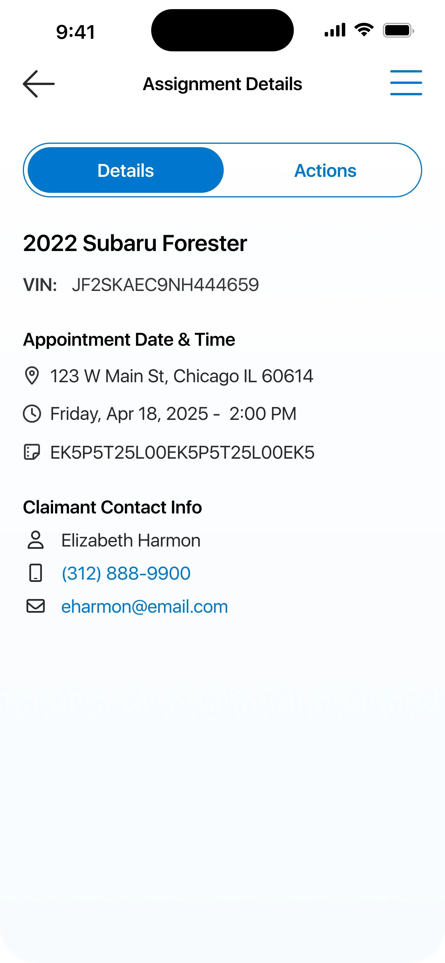 Screenshot of a mobile app displaying details for an appointment to inspect a 2022 Subaru Forester, including VIN, date, time, location, and contact information.