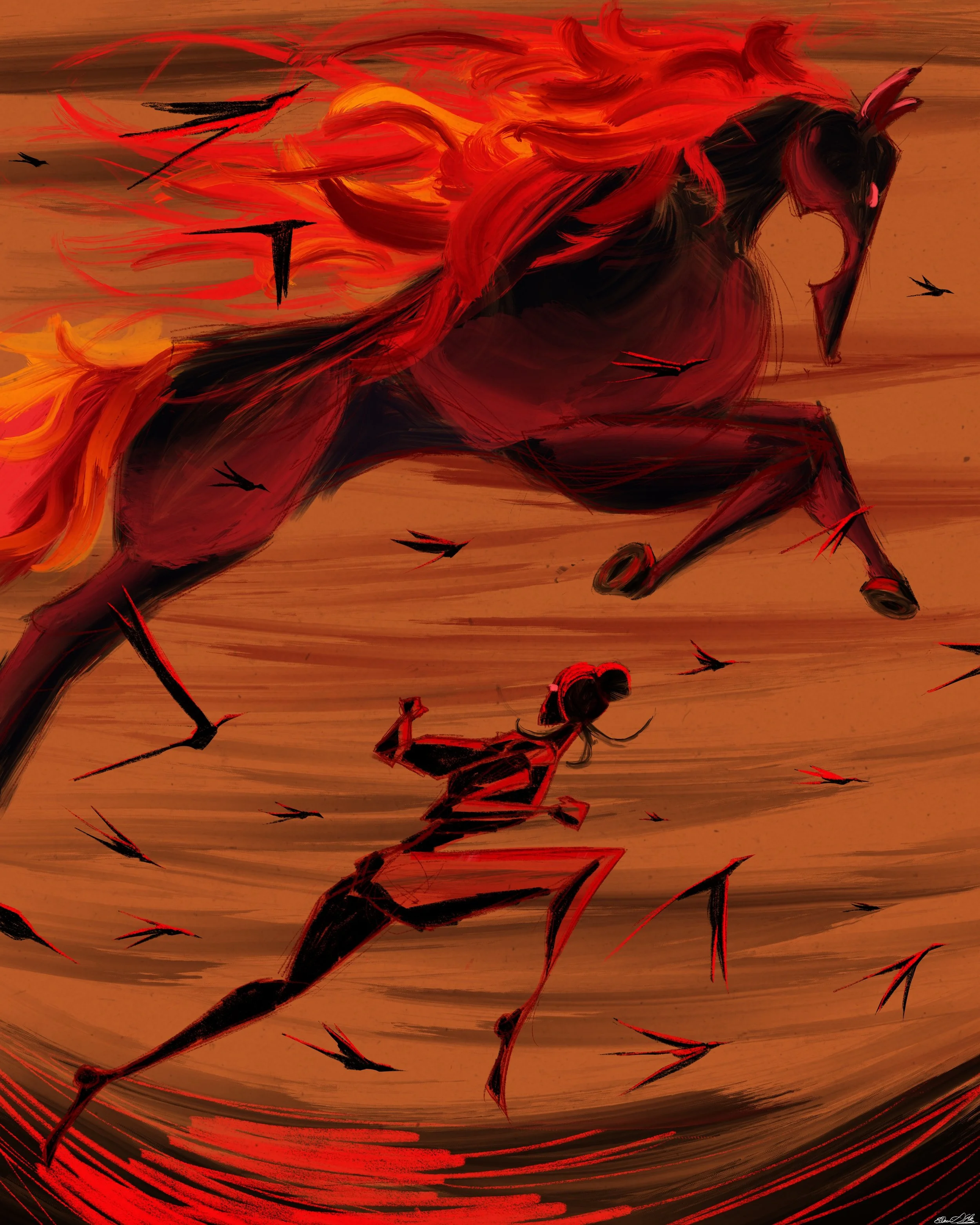 Digital artwork of a black horse with red and orange flames in place of its mane and tail, flying through a reddish, swirling sky, surrounded by flying arrows.