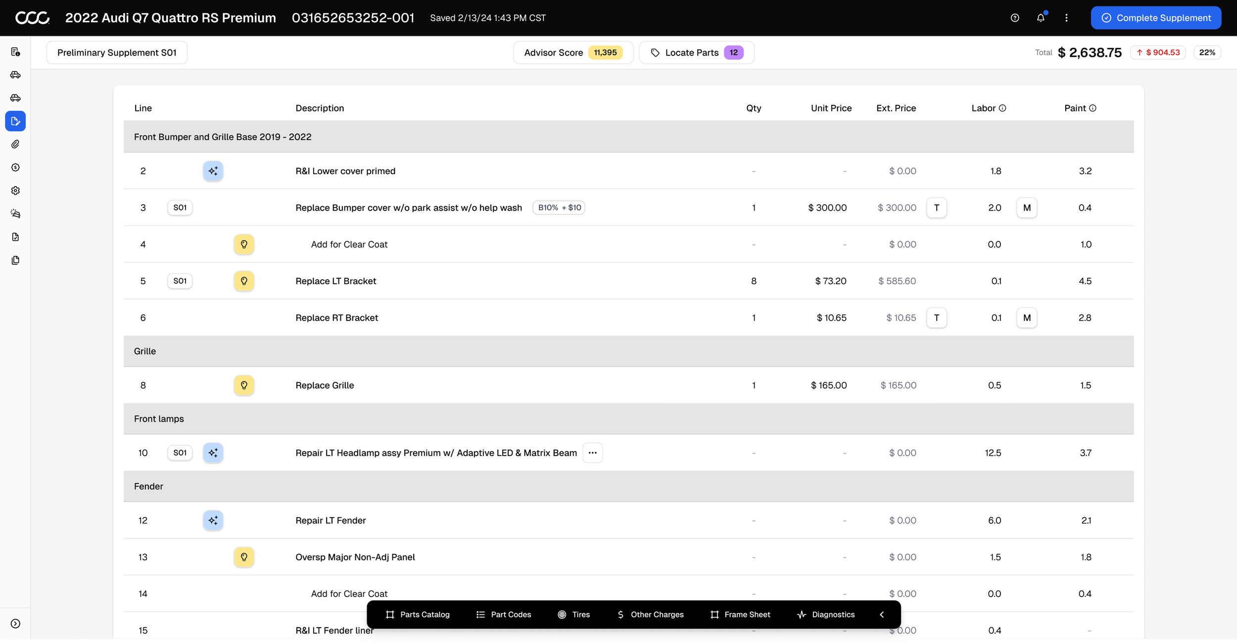 Screenshot of a car repair parts order form for a 2022 Audi Q7 Quattro RS Premium, showing various parts and their quantities, prices, and labor costs. The total is $2,638.75.