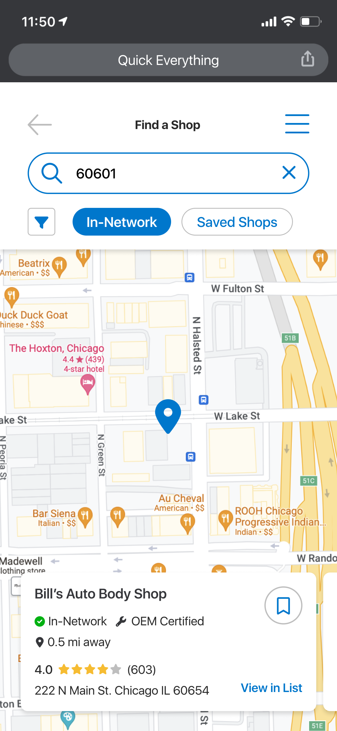 Map showing the location of Bill's Auto Body Shop at 222 N Main St, Chicago, near W Lake St and N Green St, with nearby restaurants and landmarks.