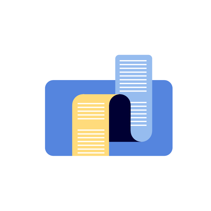 Illustration of two sheets of paper, one yellow and one blue, with a blue rectangular background.