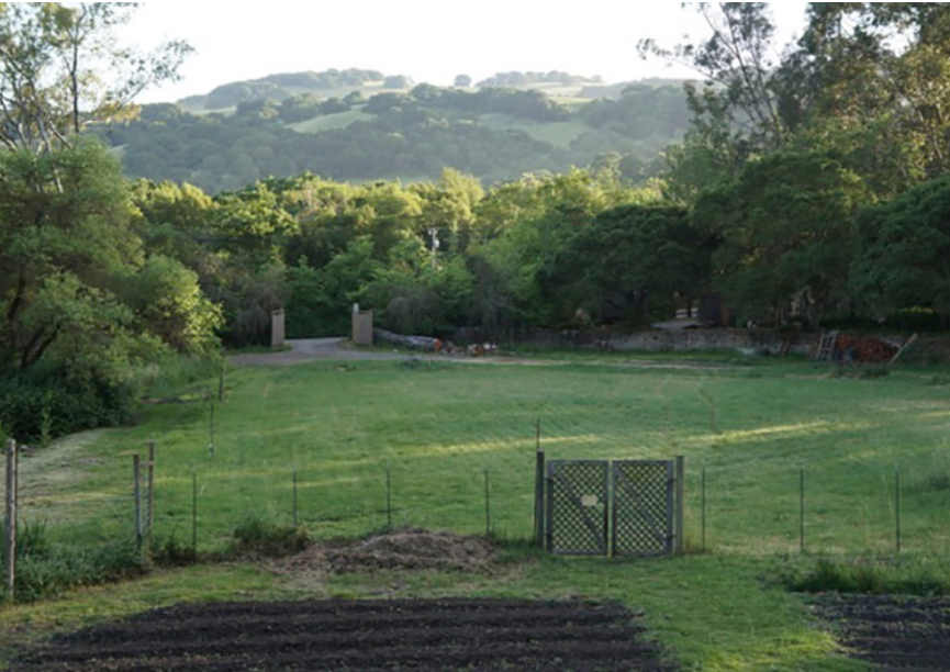 A fenced backyard with a garden patch, green lawn, and a pathway leading to a wooded area, with rolling hills in the background.