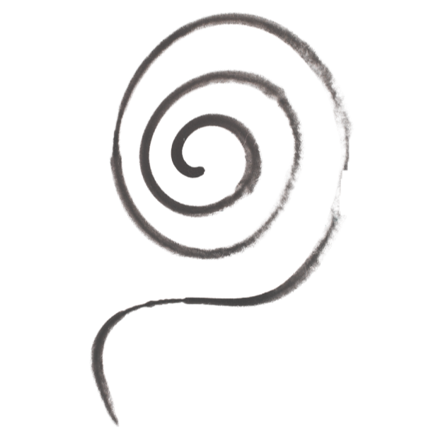 Black ink spiral drawing with a tapering tail, on a white background.