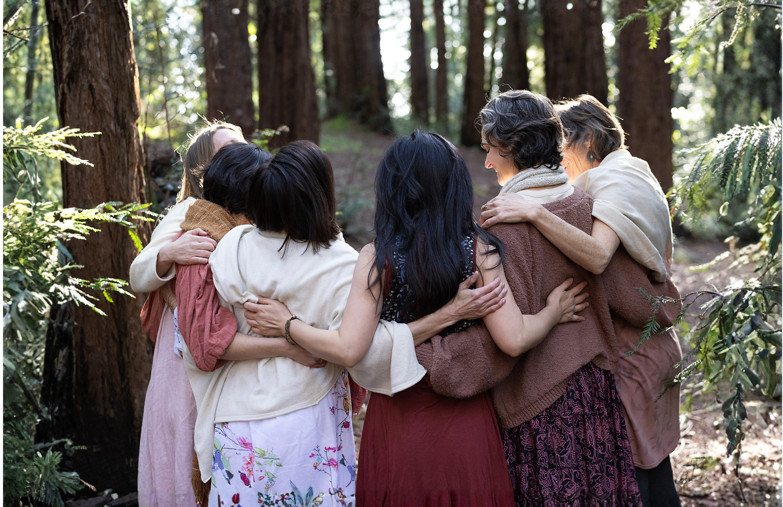 A group of women hugging each other in a circle outdoors in a forest with tall trees and greenery.