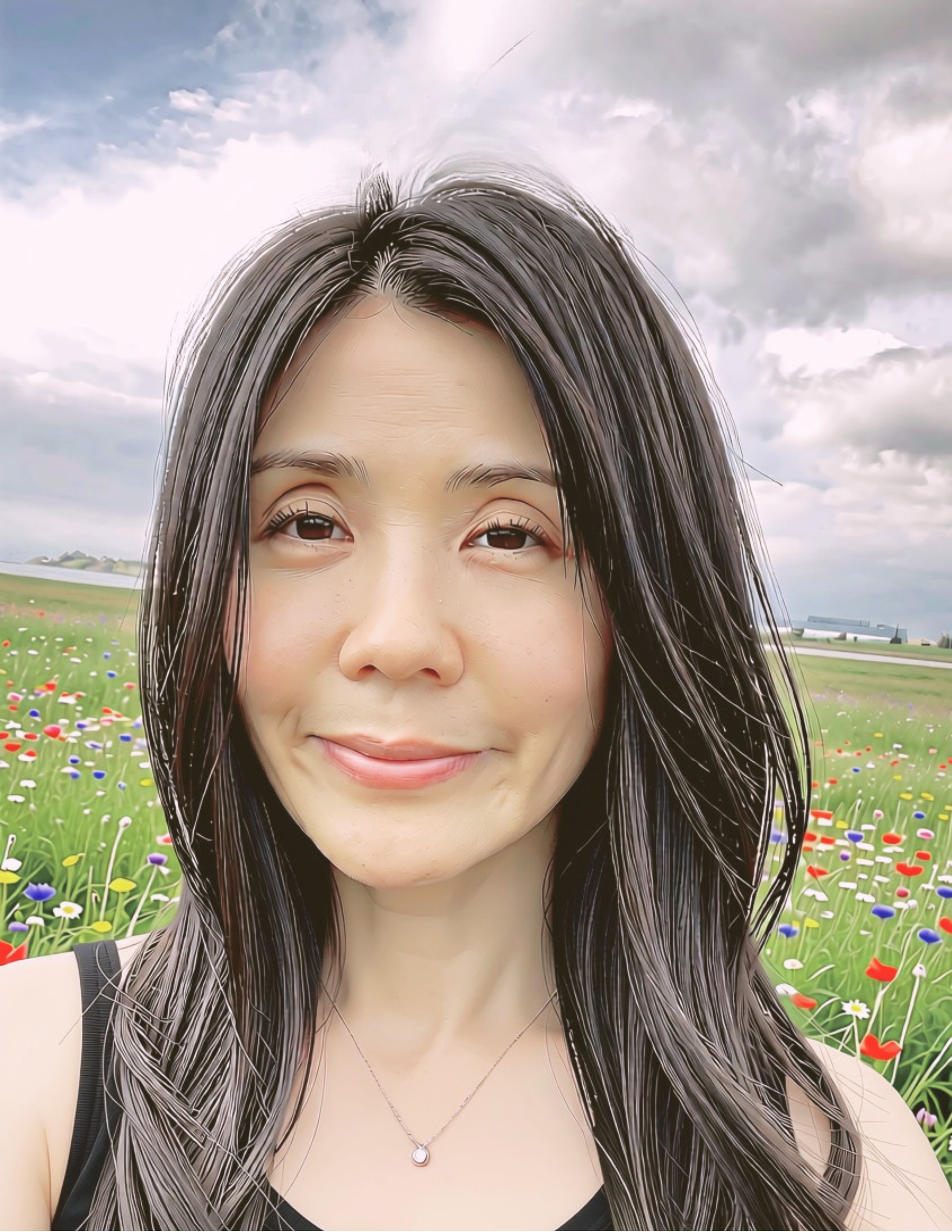 A young woman with long dark hair smiling outdoors with a sky filled with clouds and a field of colorful flowers in the background.