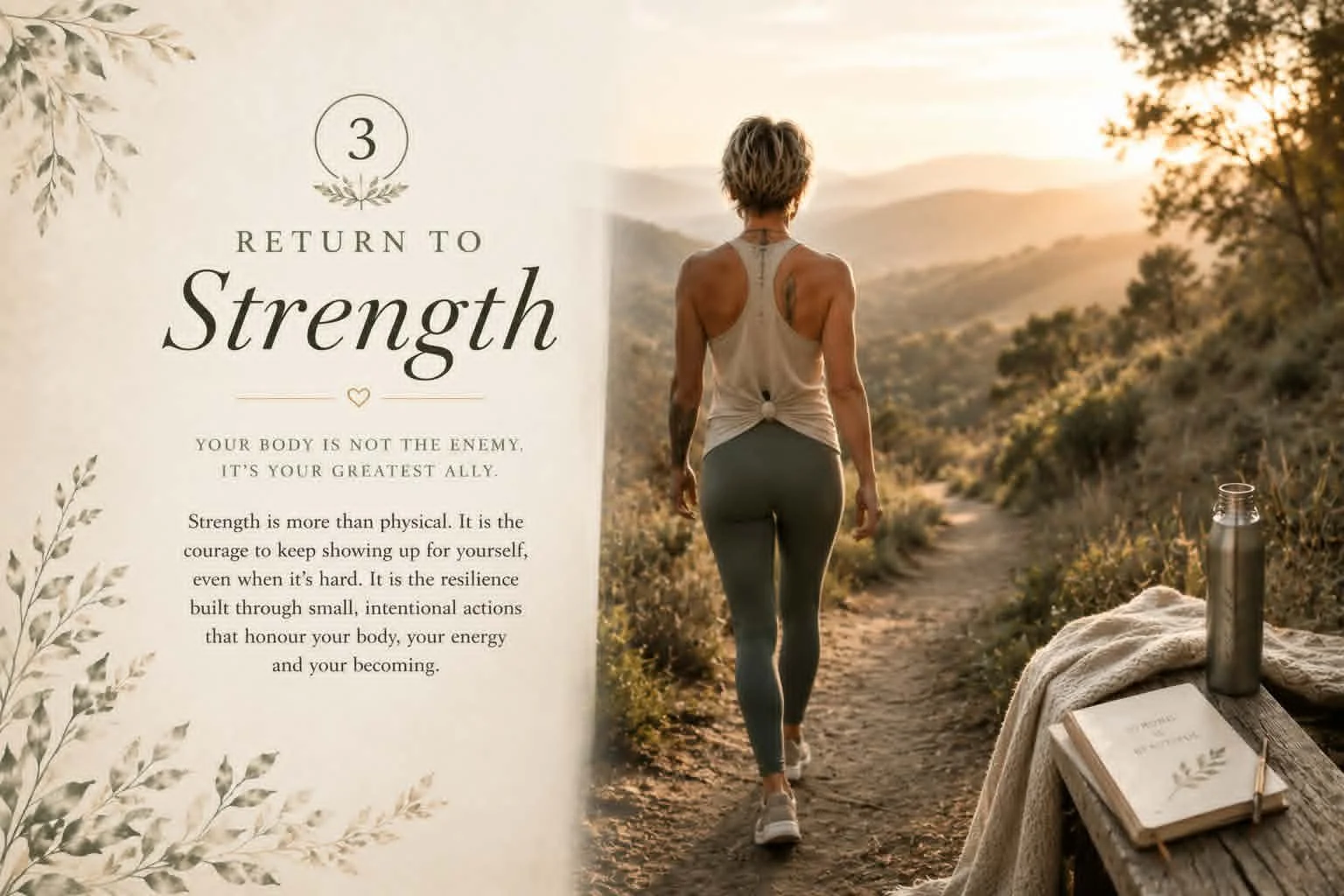 A woman with short hair, dressed in gray leggings and a tank top, walking along a dirt trail in a scenic outdoor landscape during sunset. Beside her is a wooden table holding a water bottle, an open notebook, and a cloth.
