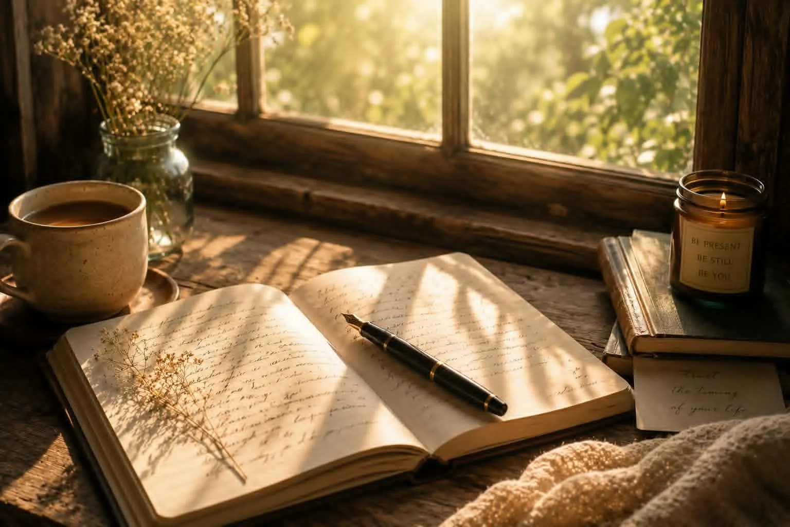 Open journal with handwritten notes and a pen on a rustic wooden desk by a sunny window, surrounded by books, a cup of coffee, a glass jar with dried flowers, and a lit candle.