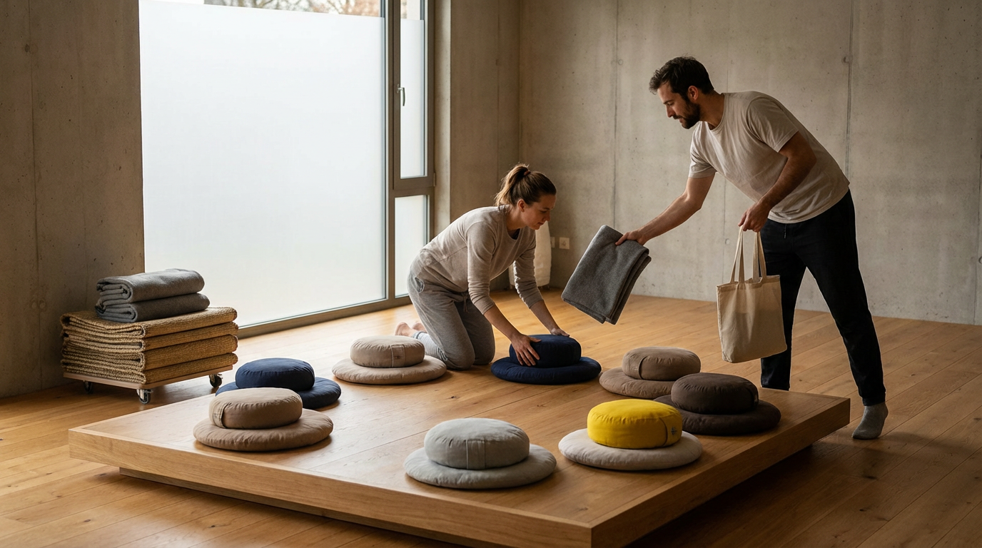 A man and a woman arranging cushions on a wooden platform in a minimalist room with concrete walls and large frosted windows.