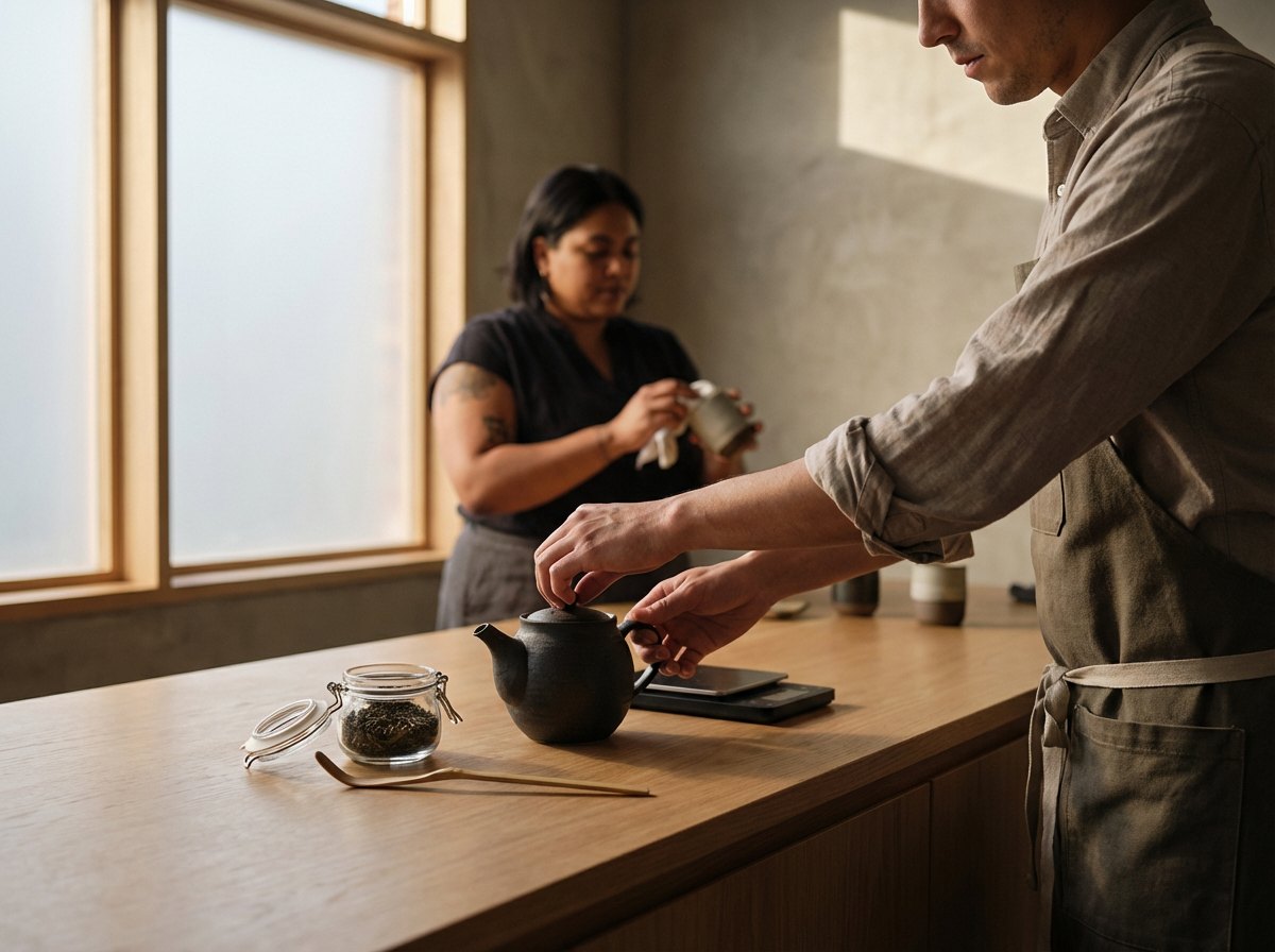 A person is pouring hot water from a black teapot into a cup, with a jar of loose tea and a wooden stir stick on the wooden countertop. A woman is in the background holding a small cup.