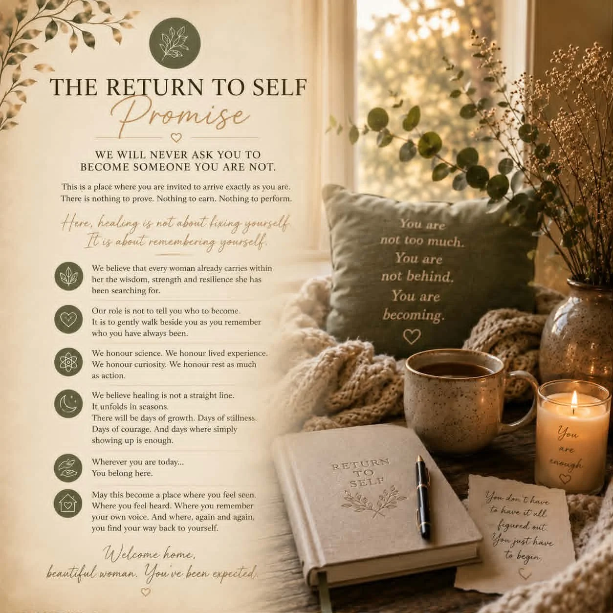 A comforting page with inspirational text about self-healing and self-acceptance, featuring a cozy scene with a notebook titled "Return to Self", a pen, a candle, a mug, a blanket, a pillow with a quote, and a vase of dried flowers near a window with sunlight.
